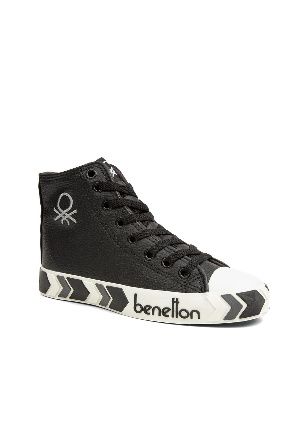 Benetton Deri Bağcıklı Günlük Spor Ayakkabı Siyah Beyaz Kadın Sneaker