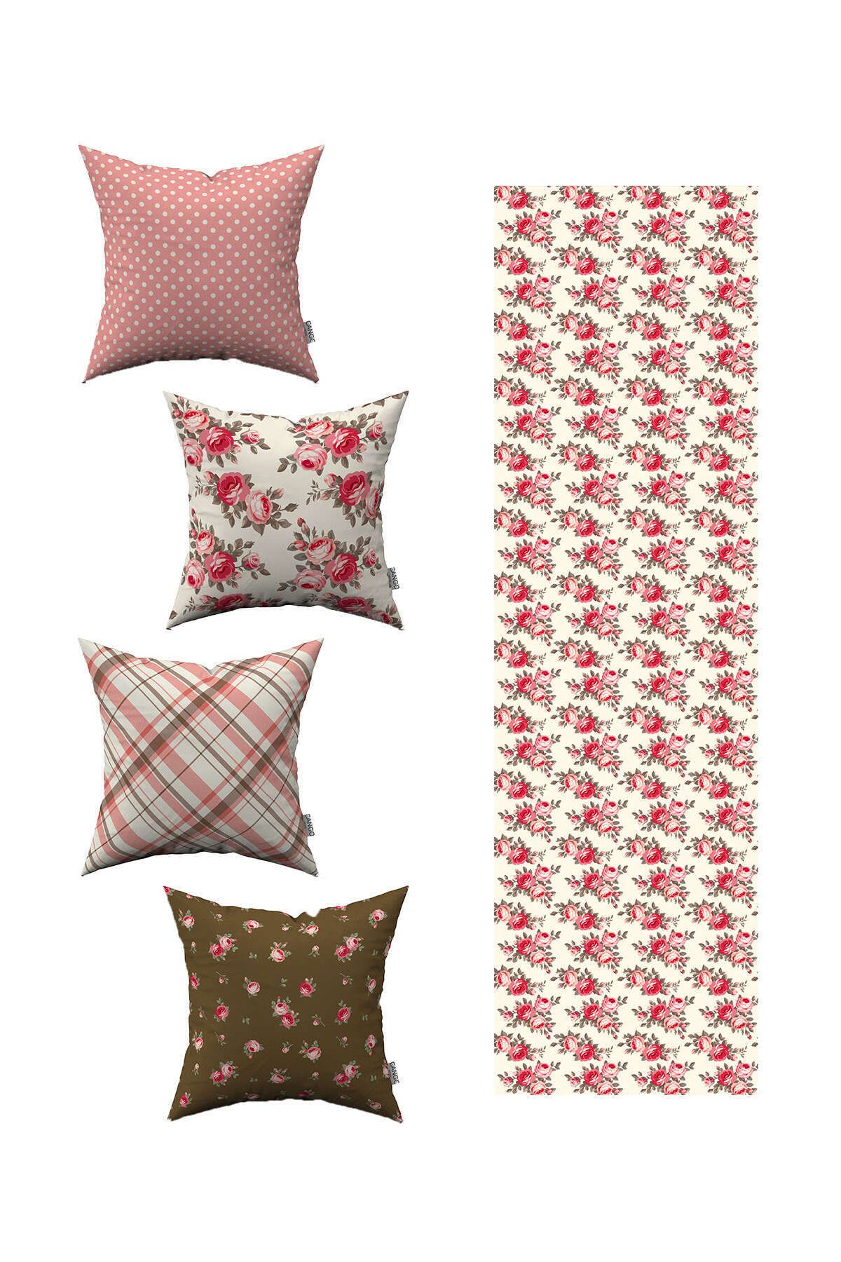 Cango Home-Pink Brown Floral Patterned 4-Piece Throw Pillow Cover 1 Runner Set 4kmbs054-rs 1