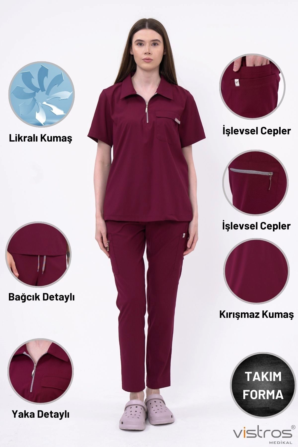 Lüks Polo Yaka Likralı Yüksek Kaliteli Unisex Scrubs Bordo Hemşire Doktor Üniforma(Alt-Üst) V-008