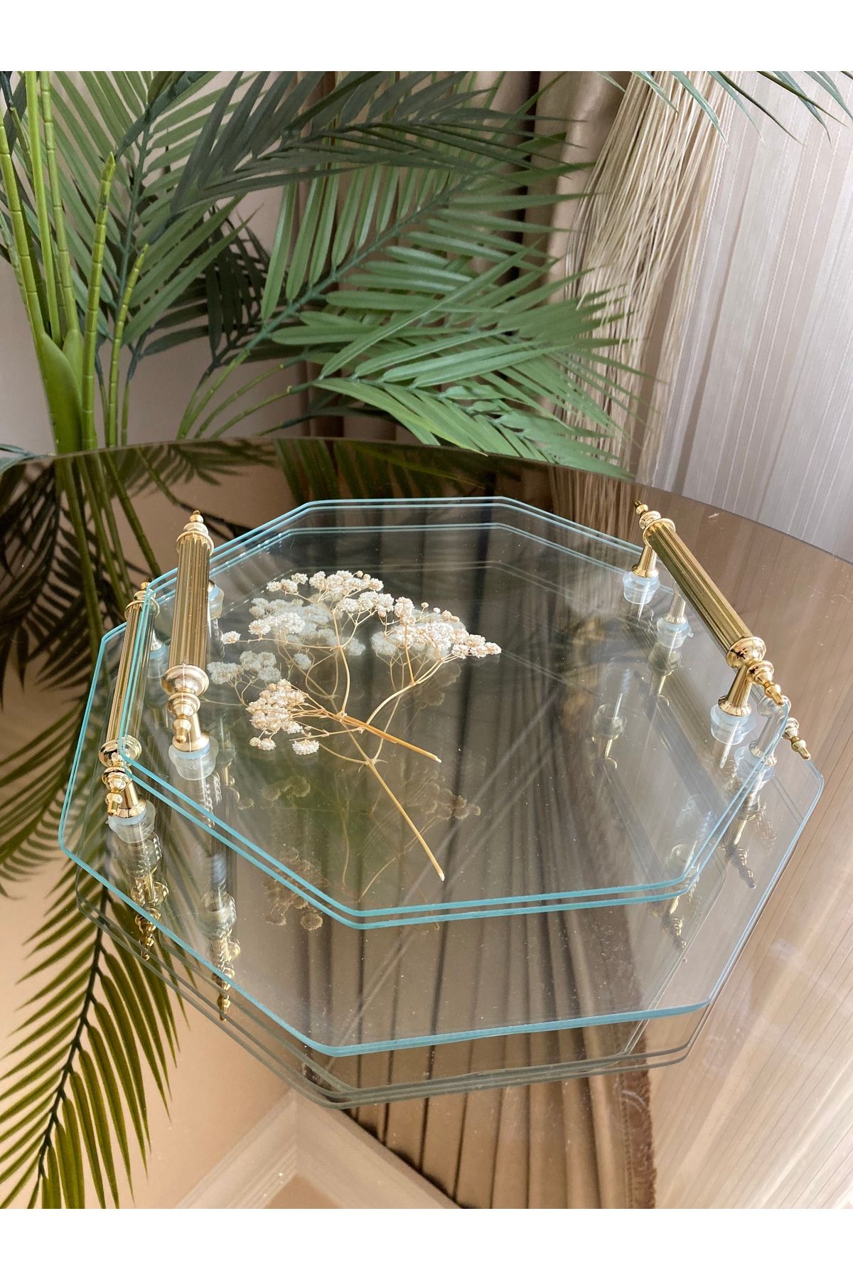 Housess-Set de 2 tăvi de logodnă cu henna - transparente, cu sticlă dublă, cu model de flori, set de tăvi de servire cu mâner argintiu 3