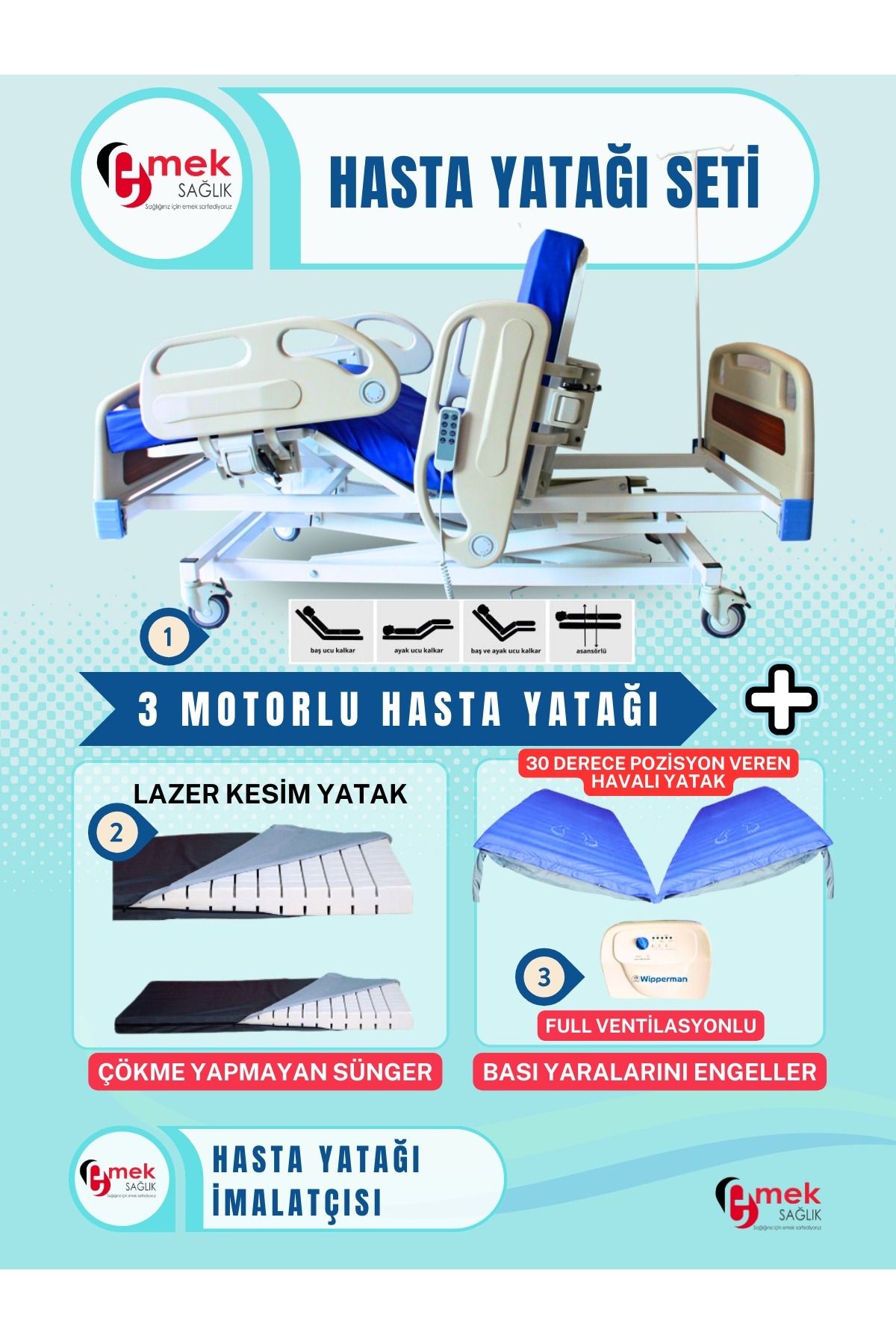 emek sağlık 3 Motorlu Full ABS Hasta Karyolası+Cnc Lazer Kesim Yatak+30 Derece Pozisyon Veren Havalı Yatak