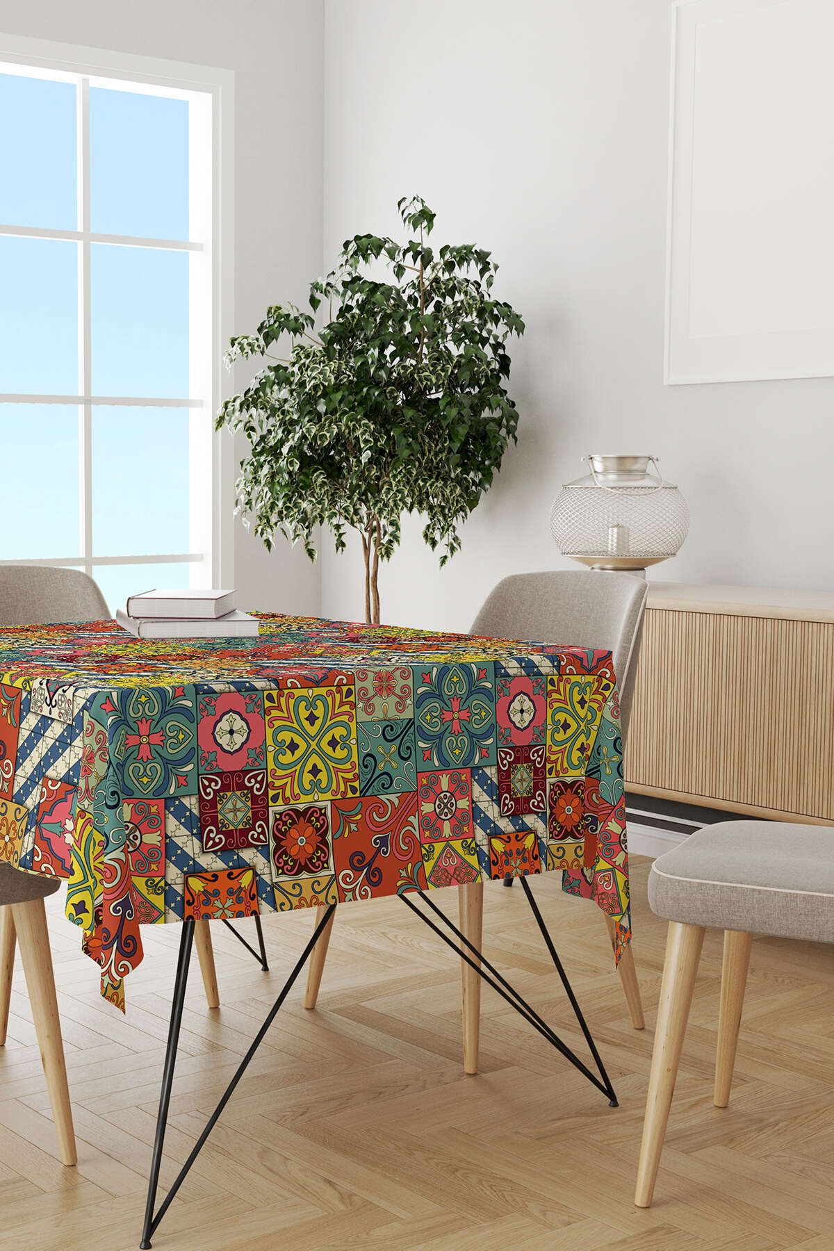 Sarı Çok Renkli Retro Vintage Desenli Dijital Baskılı Masaörtüsü Otyk030-ms - 2