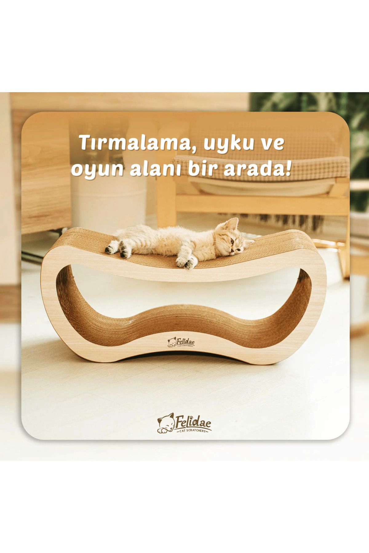 Felidae Oluklu Mukavva, Kedi Tırmalama Kanepesi – Yatay Tırmalama / Large (67,5X28,5X24CM) - Bej Ahşap Renk