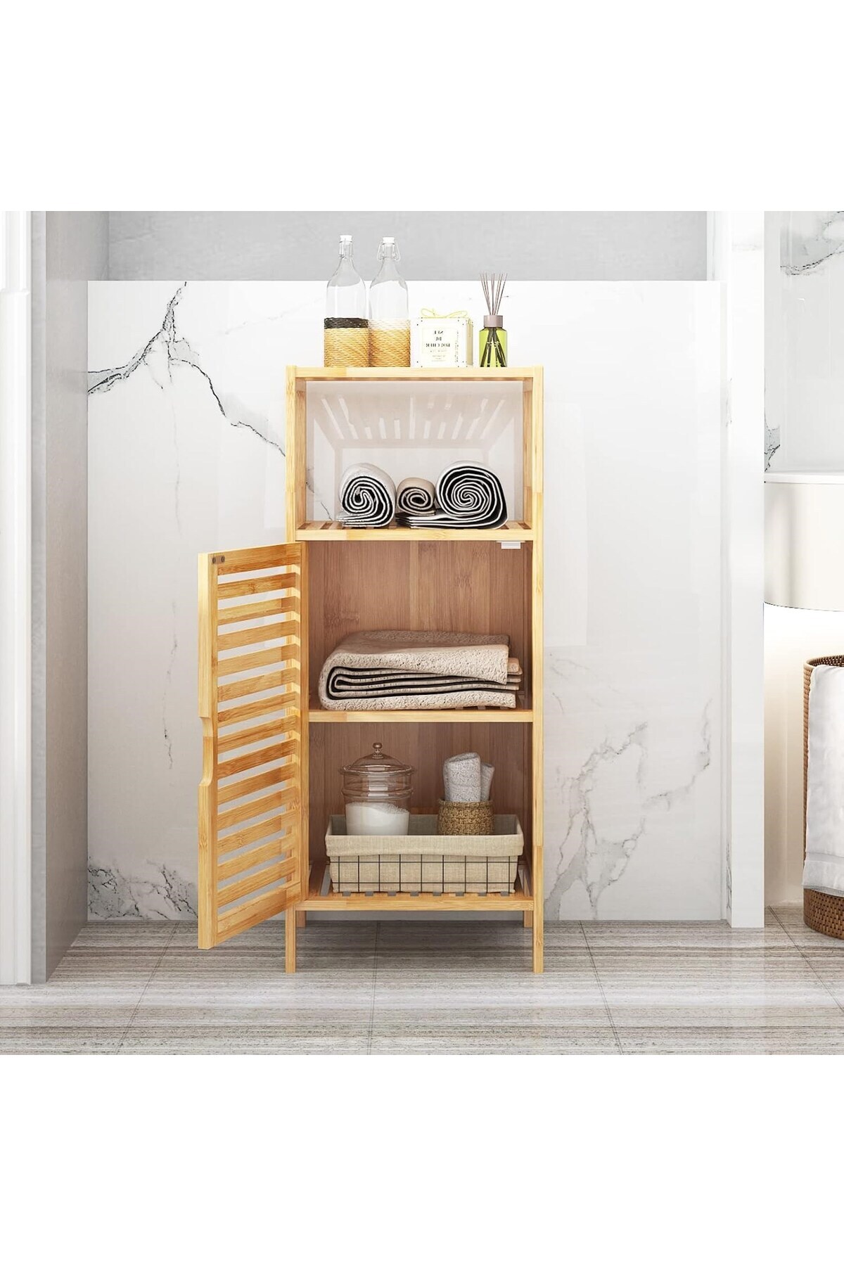 Begin Power Bambu Banyo Dolabı 4 Raflı Kapaklı Banyo Düzenleme Dolabı Havlu Dolabı