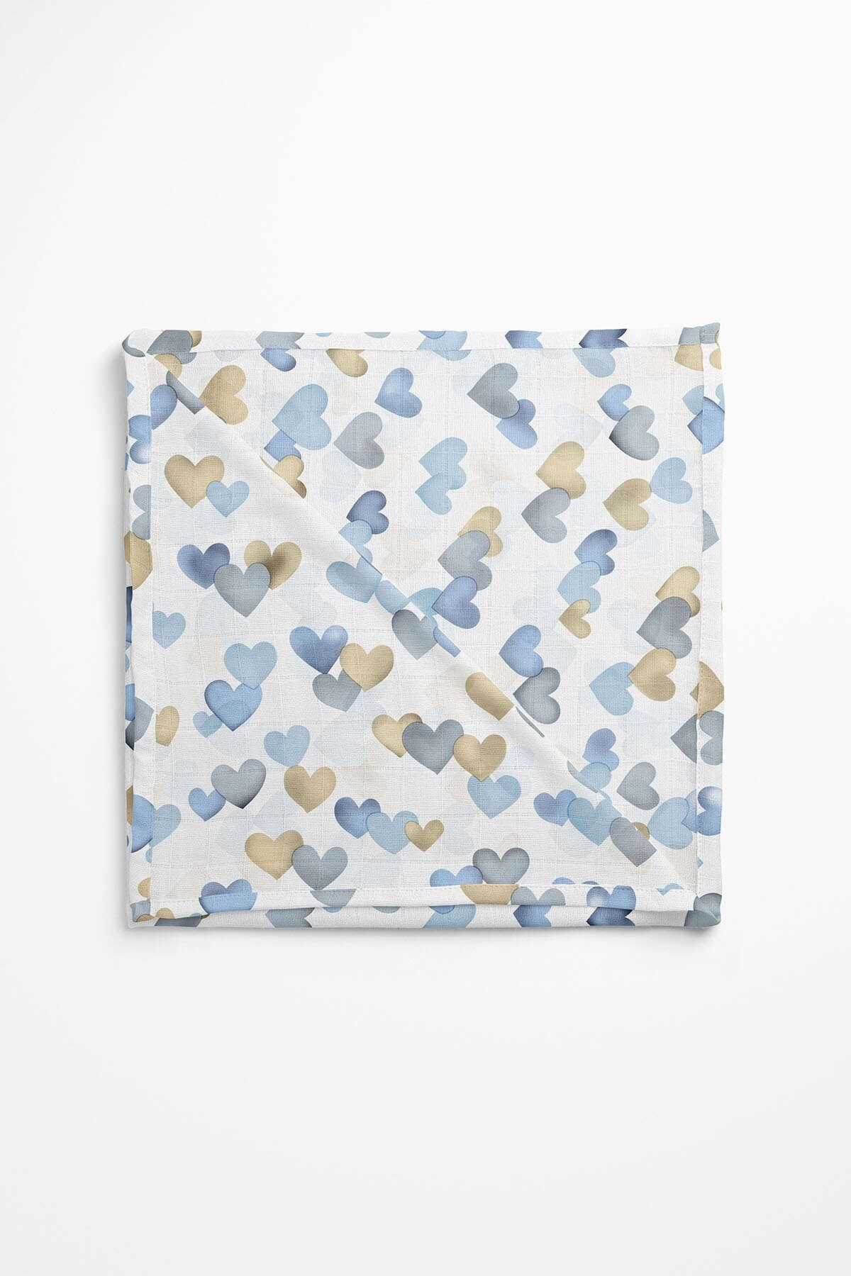 Cango Home-White Blue Heart Patterned Muslin Cover & 4 Mouth Wipes 2