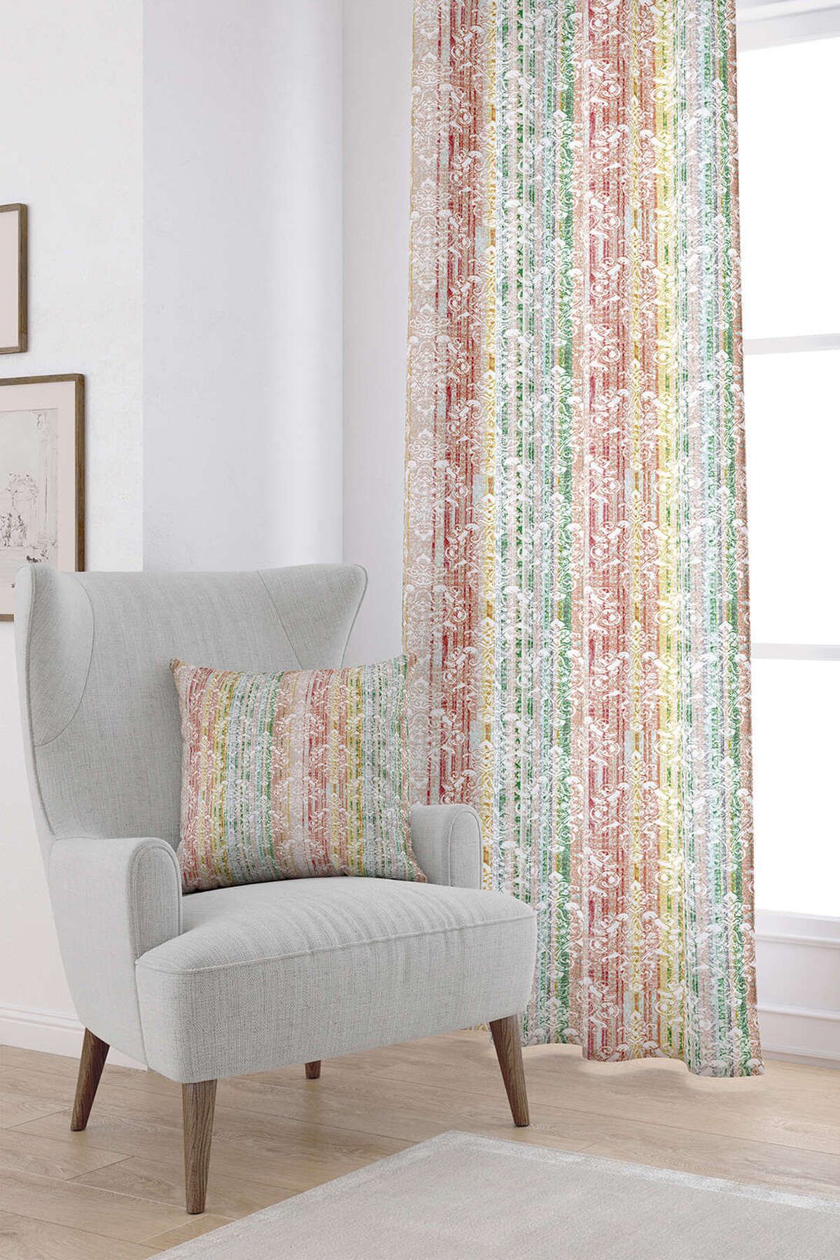 Cango Home-White Multicolored Damask Patterned Digital Printed Curtain Cgh067-pr 1