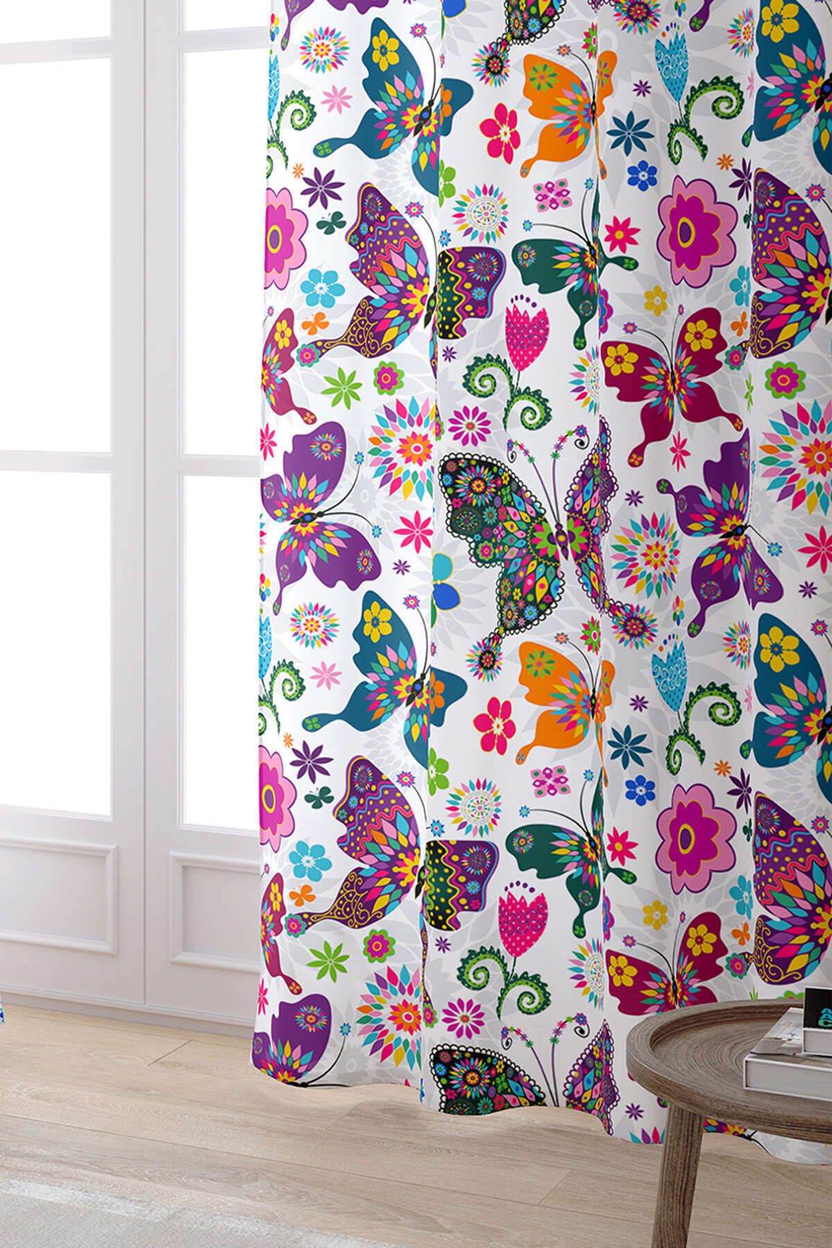 Cango Home-White Multicolored Butterfly Patterned Digital Printed Curtain Otyk546-pr 2