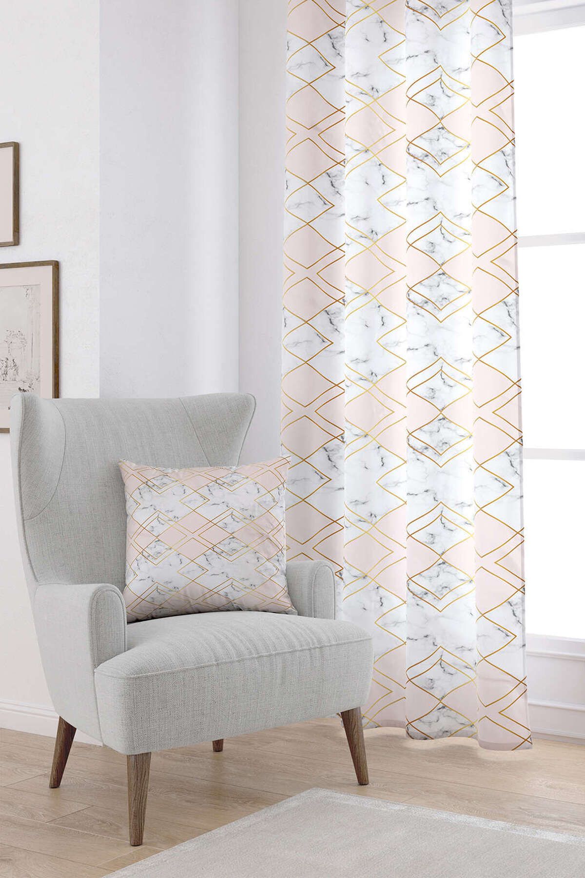 Cango Home Gri Roz Decorativ Abstract Marmură Model Digital Printed Cortina Ylms89-pr - 140 x 200