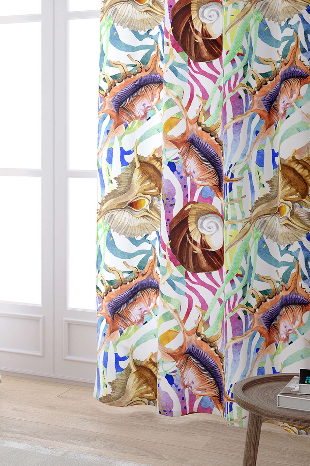 Cango Home-White Multicolored Marine Patterned Digital Printed Curtain Otyk758-pr 2
