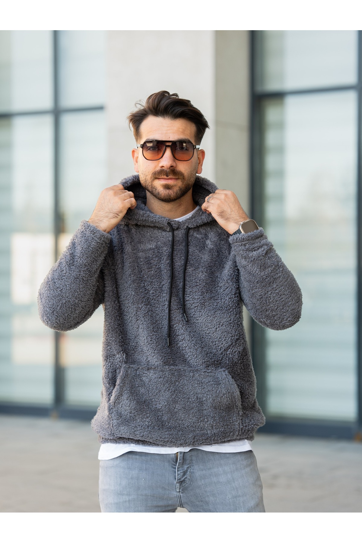 Minharir Kanguru Cepli Kapüşonlu Peluş Sweatshirt — رنگارنگ kngceppelus
