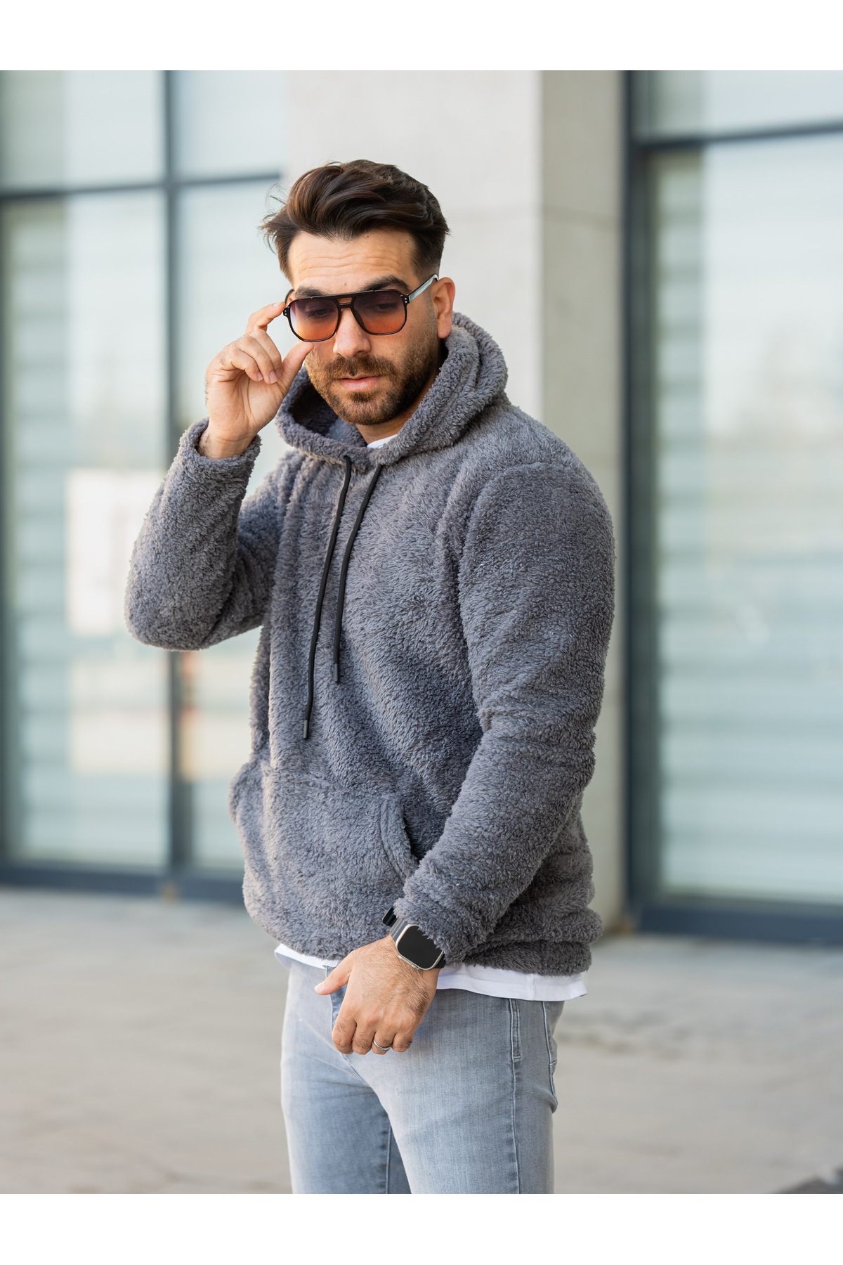 Kanguru Cepli Kapüşonlu Peluş Sweatshirt — رنگارنگ kngceppelus — تصویر 2 از 7