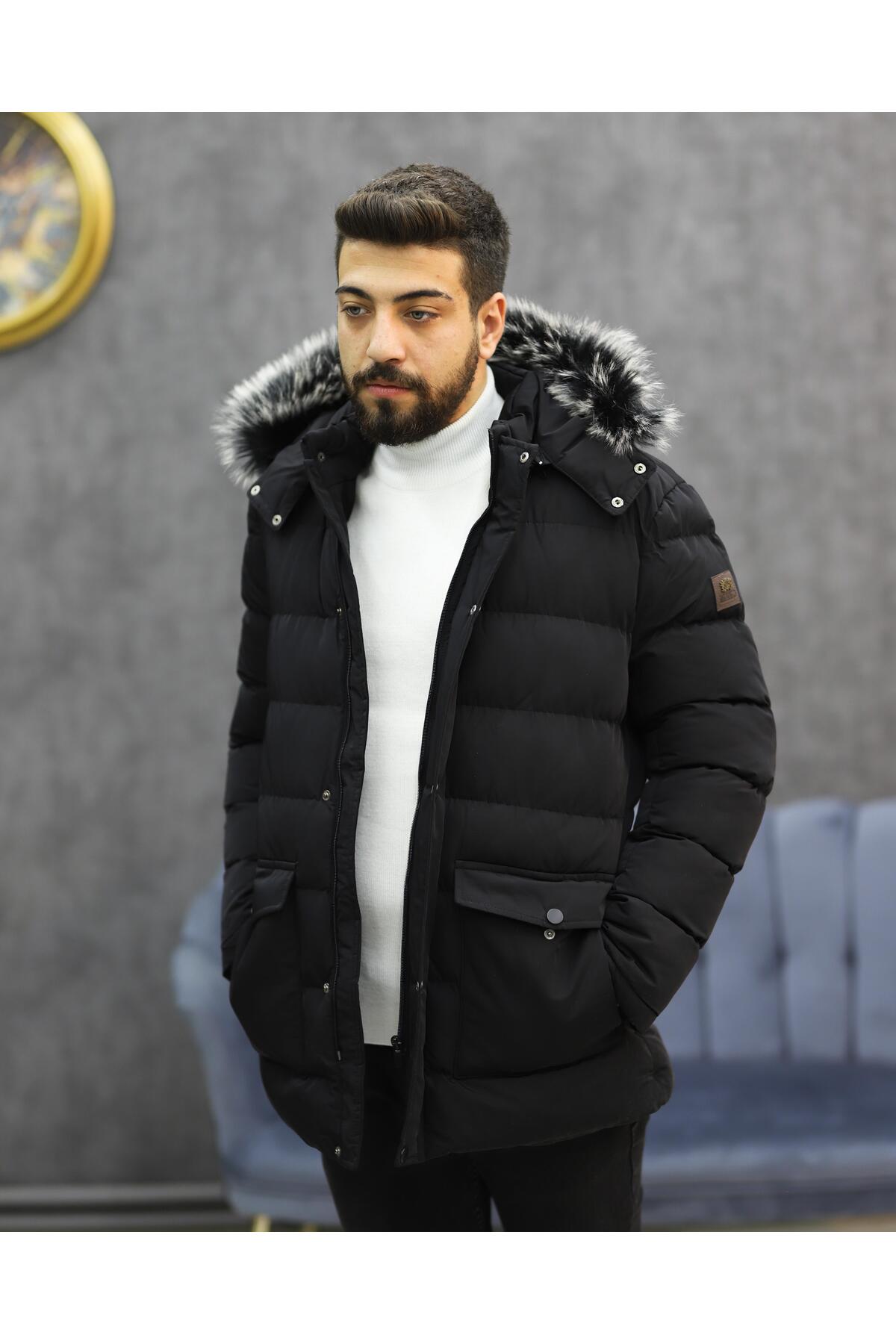 کاپشن پفی کلاه‌دار با آستر خزدار مدل EXCELENTE 5111 (مشکی)