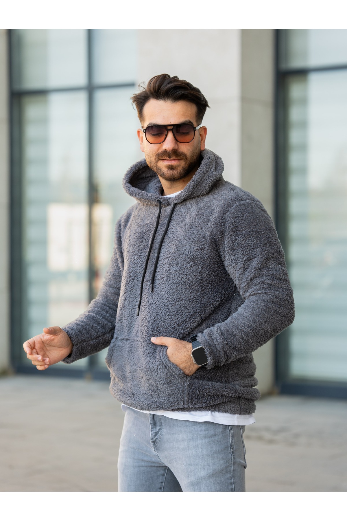 Kanguru Cepli Kapüşonlu Peluş Sweatshirt — رنگارنگ kngceppelus — تصویر 3 از 7