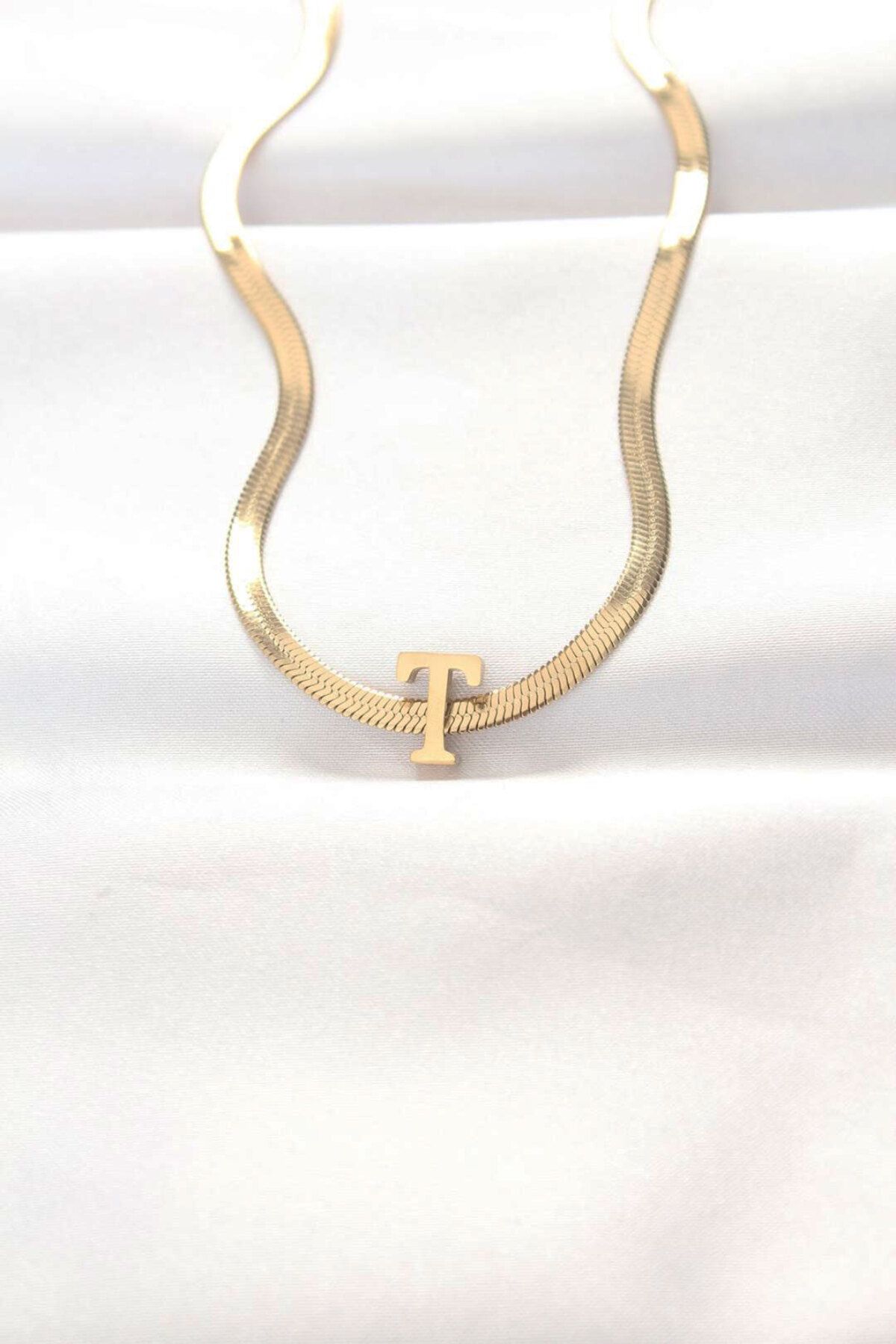 FUDER 316L Çelik T Harfli Gold Renk İtalyan Zincirli Kolye