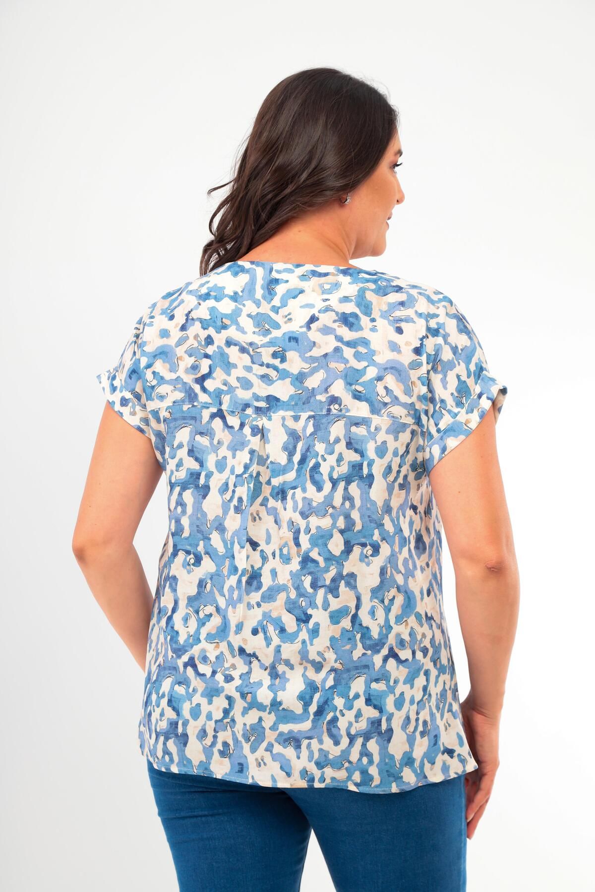 Trend42plus-Plus Size Patterned Low Sleeve Basic Blue Blouse 5