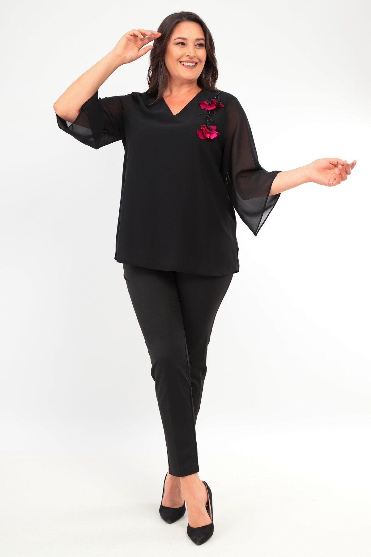Trend42plus-Plus Size Floral Embroidered Chiffon Black Blouse 2