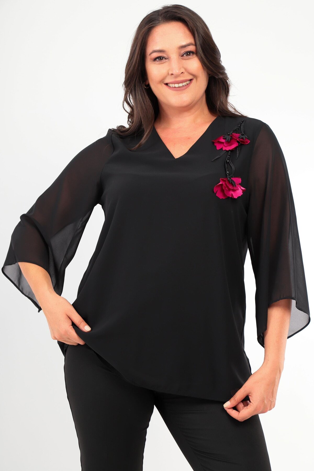 Trend42plus-Plus Size Floral Embroidered Chiffon Black Blouse 1