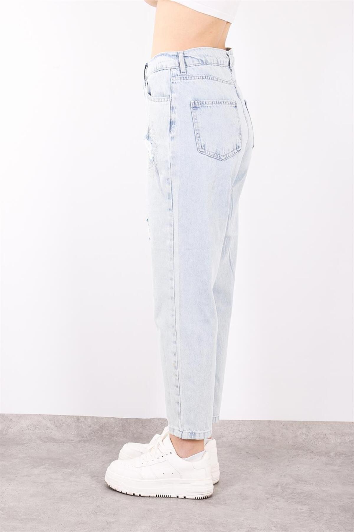 Loreen-High Waist Stone Detail Mom Denim Trousers 28137 Snow Wash 2