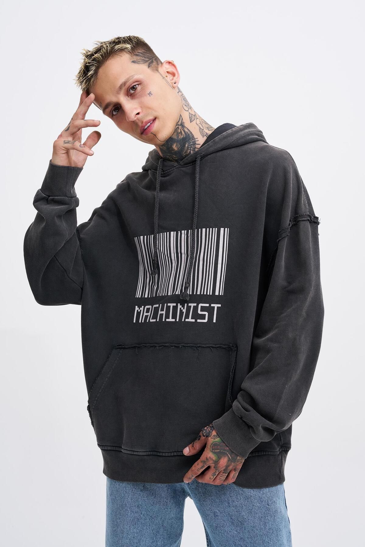 Machinist-Men's Washed Barcode Printed Hooded Oversize Black Sweatshirt 1