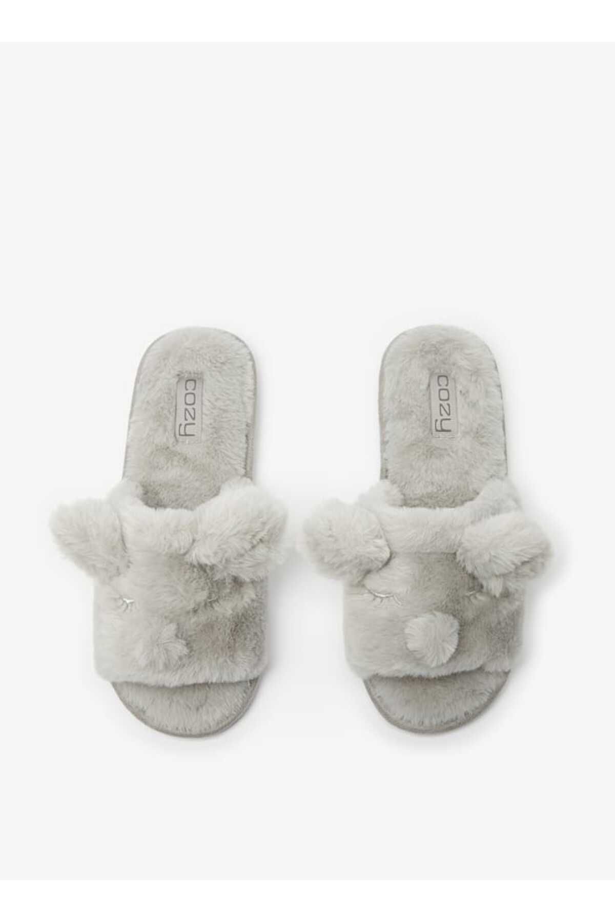 COZY-Animal Plush Textured Slip-On Slides with Ear Applique Detail 1