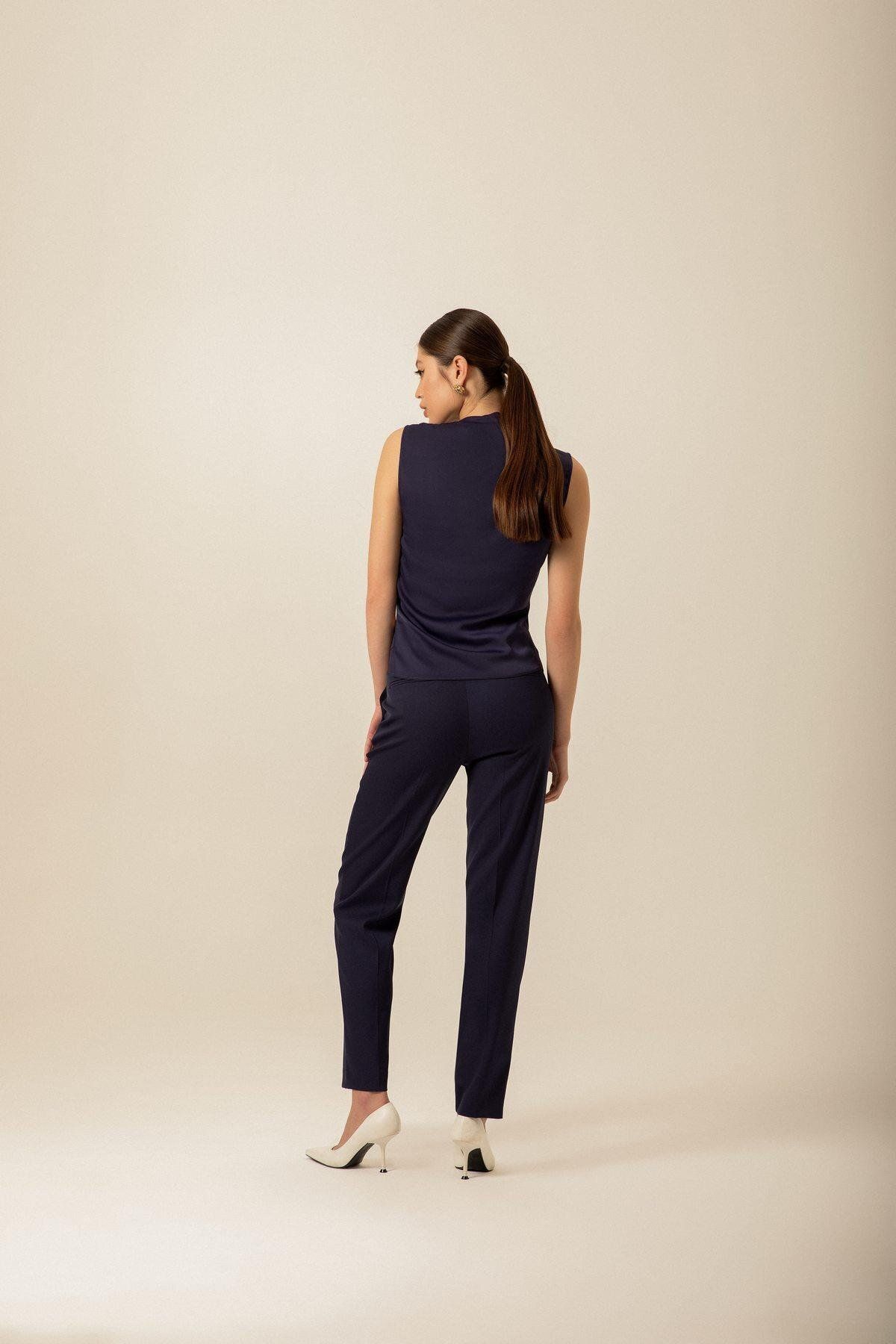 rue.-High Waist Pocket Stitching Detailed Navy Blue Trousers 5