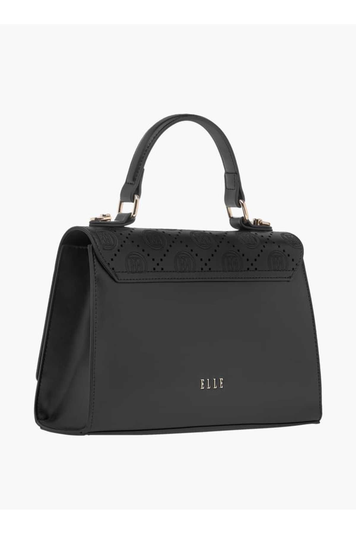 ELLE-Monogram Textured Satchel Bag with Detachable Strap and Flap Closure 3