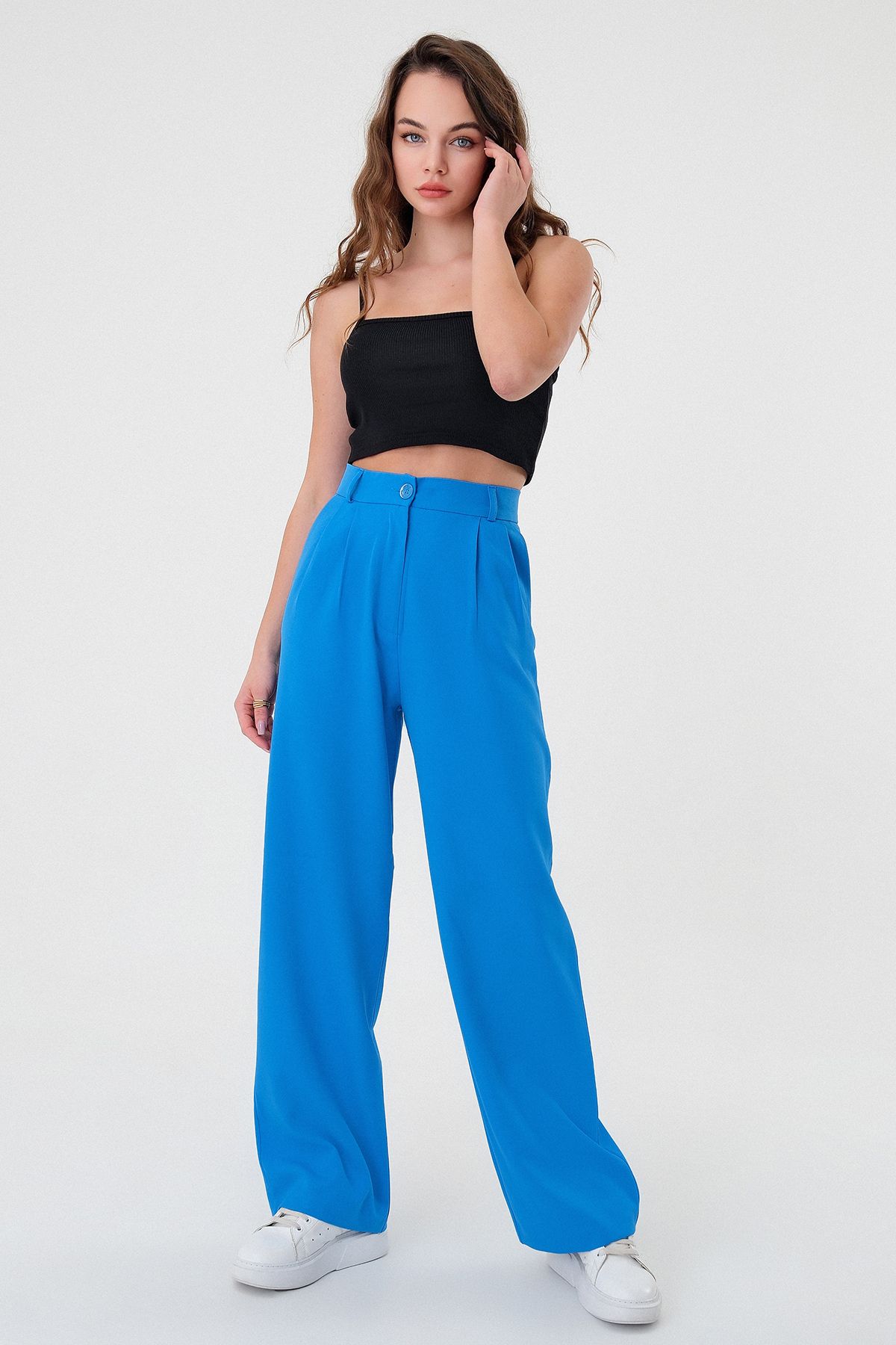 Hazel-Pantaloni Palazzo albastri cu talie înaltă de damă 2