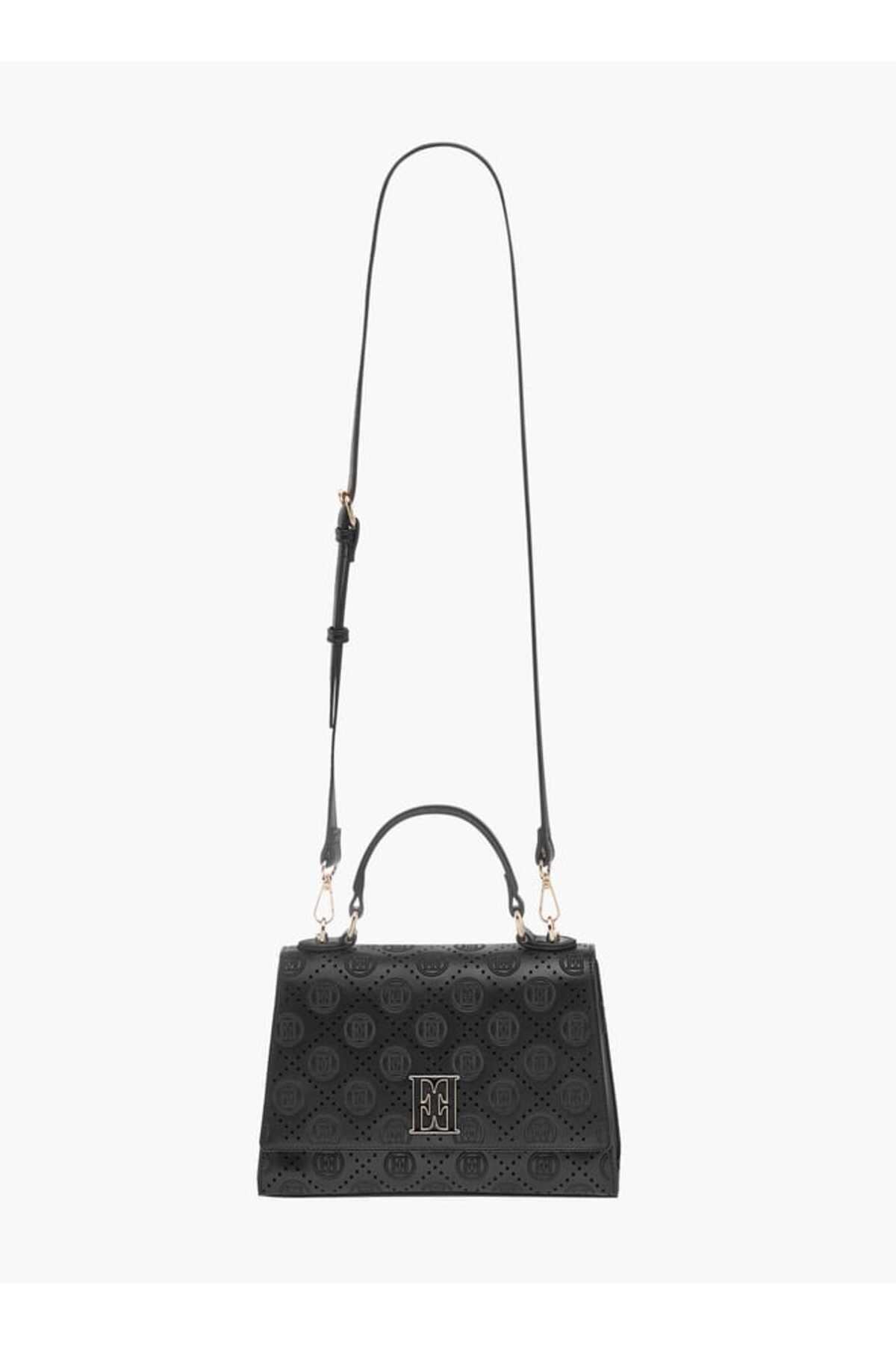 ELLE-Monogram Textured Satchel Bag with Detachable Strap and Flap Closure 2