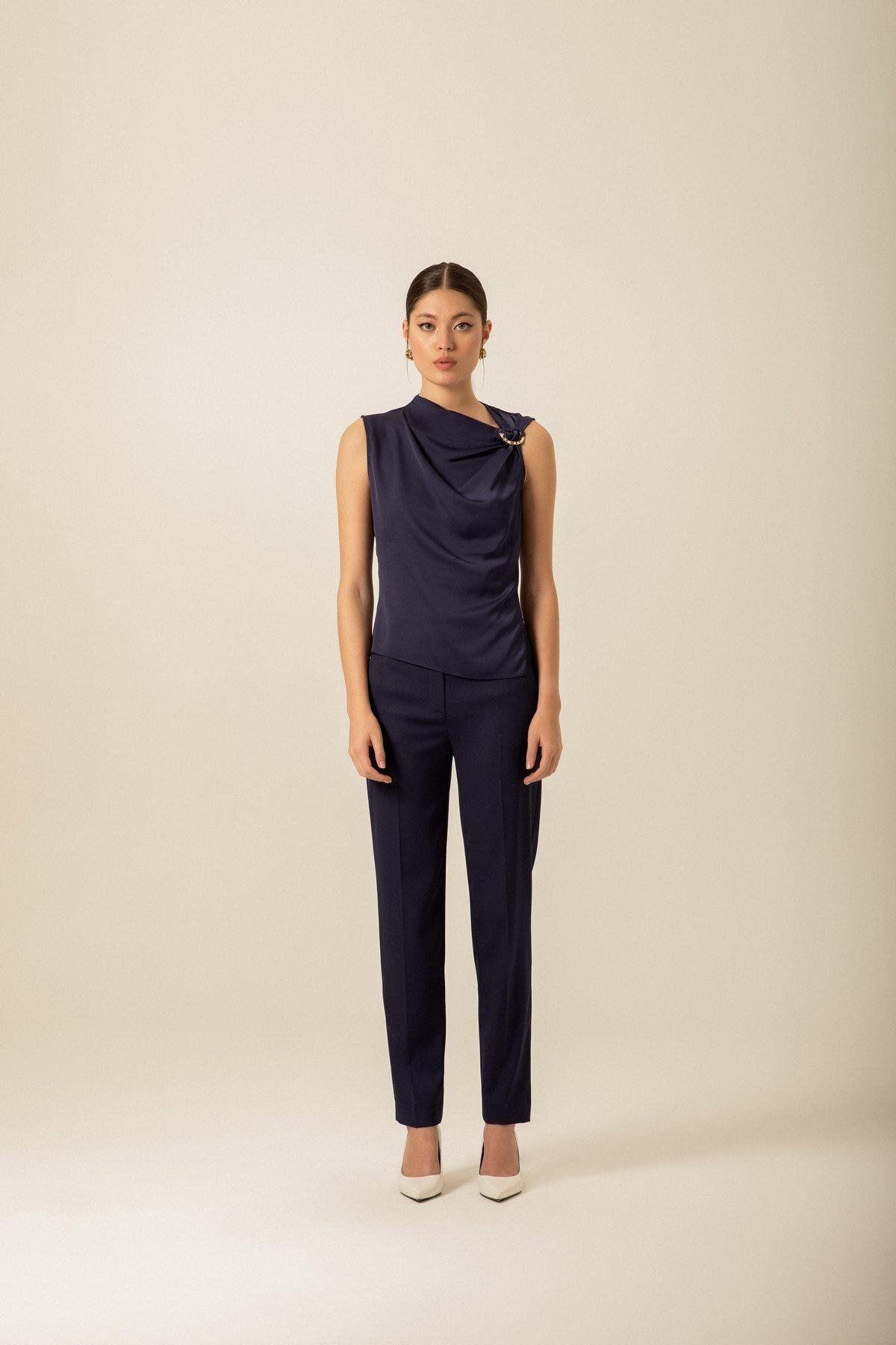 rue.-High Waist Pocket Stitching Detailed Navy Blue Trousers 1