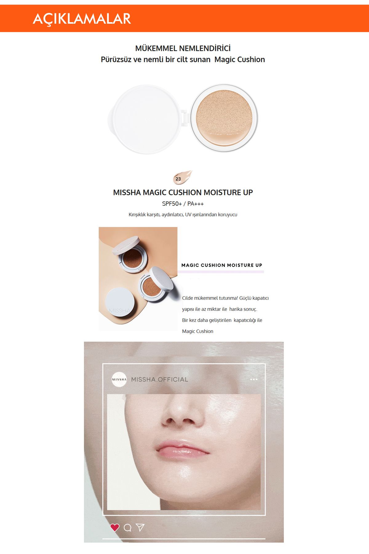 Missha Nemli Ve Pürüzsüz Görünüm Sunan Cushion Fondöten (İç Yedek) Magic Cushion Moist Up SPF50+/PA+++ No23-2