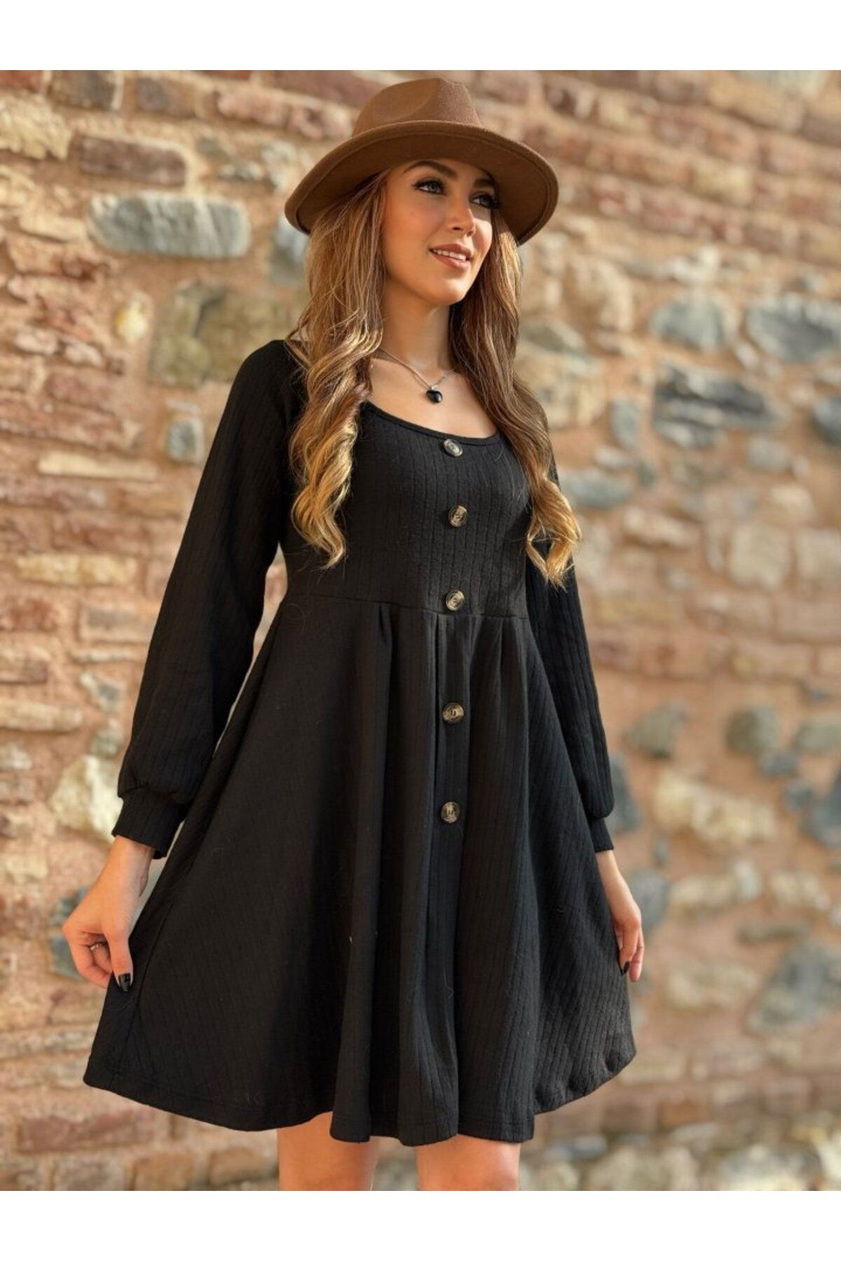velmorafashion Kadın Uzun Kollu Kare Yaka önden Düğmeli Midi şardonlu Kaşkorse Elbise