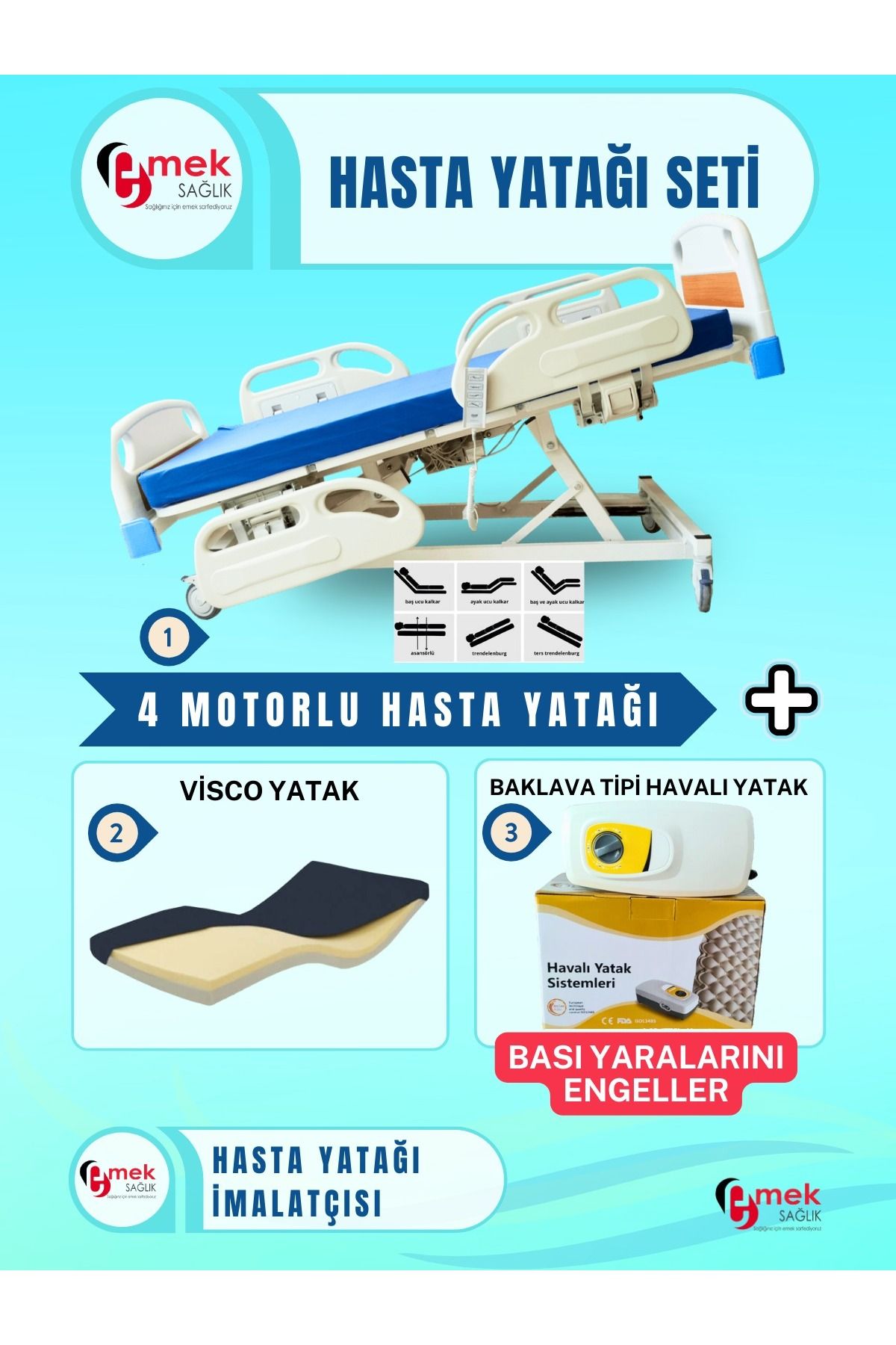 emek sağlık 4 Motorlu Full ABS Hasta Yatağı + Visco Yatak + Baklava Tipi Havalı Yatak Takım