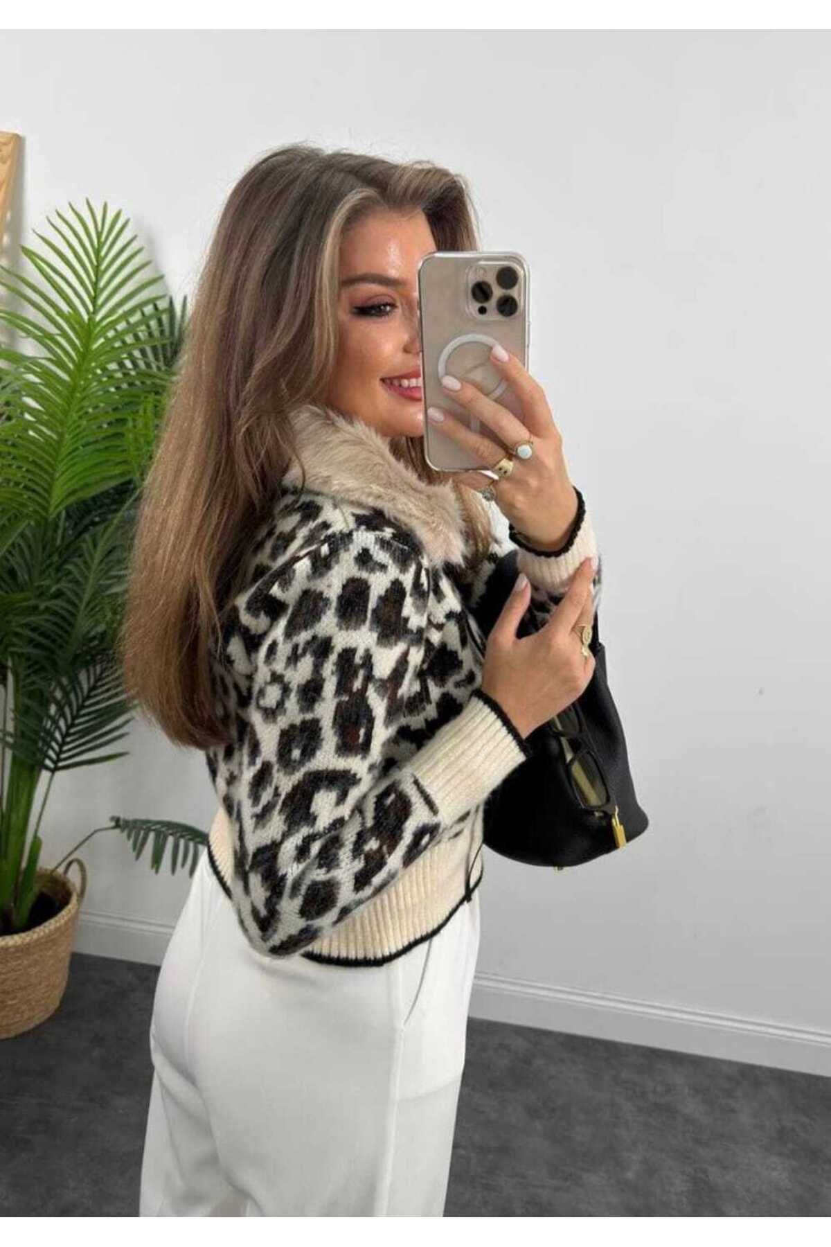Mzr Collection-Leopard Print Collar Sheepskin Cardigan 3