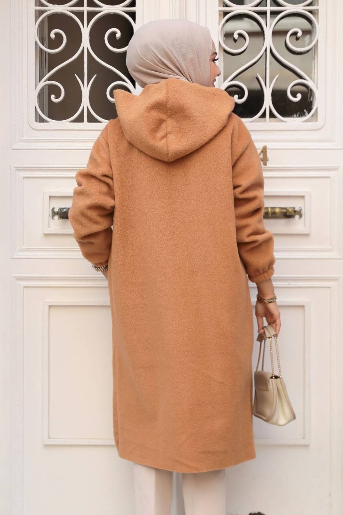 Neva Style-Belted Camel Cashmere Hijab Coat 72151C 3