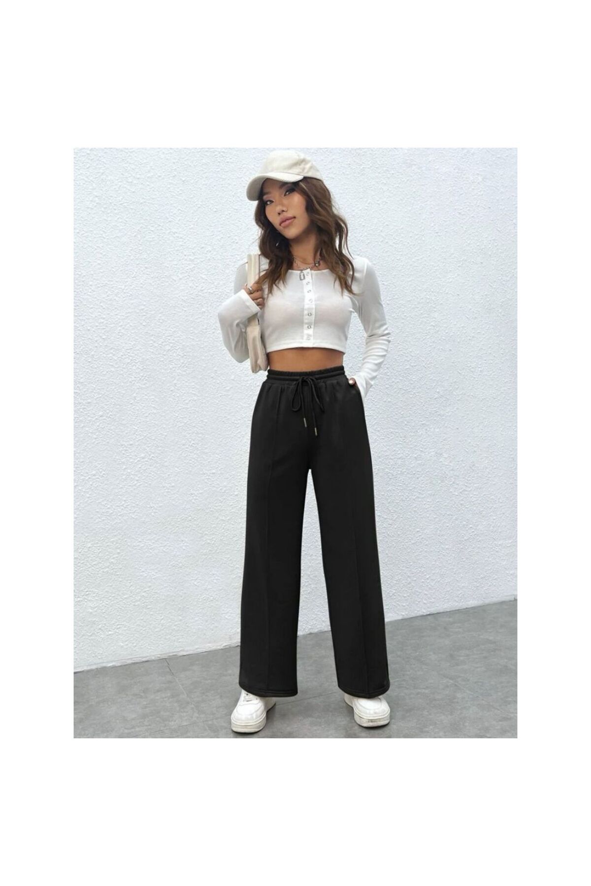 kallima-Black Front Stitched Fleece Inside Winter Thick High Waist Wide Leg Comfortable Fit Sweatpants 4