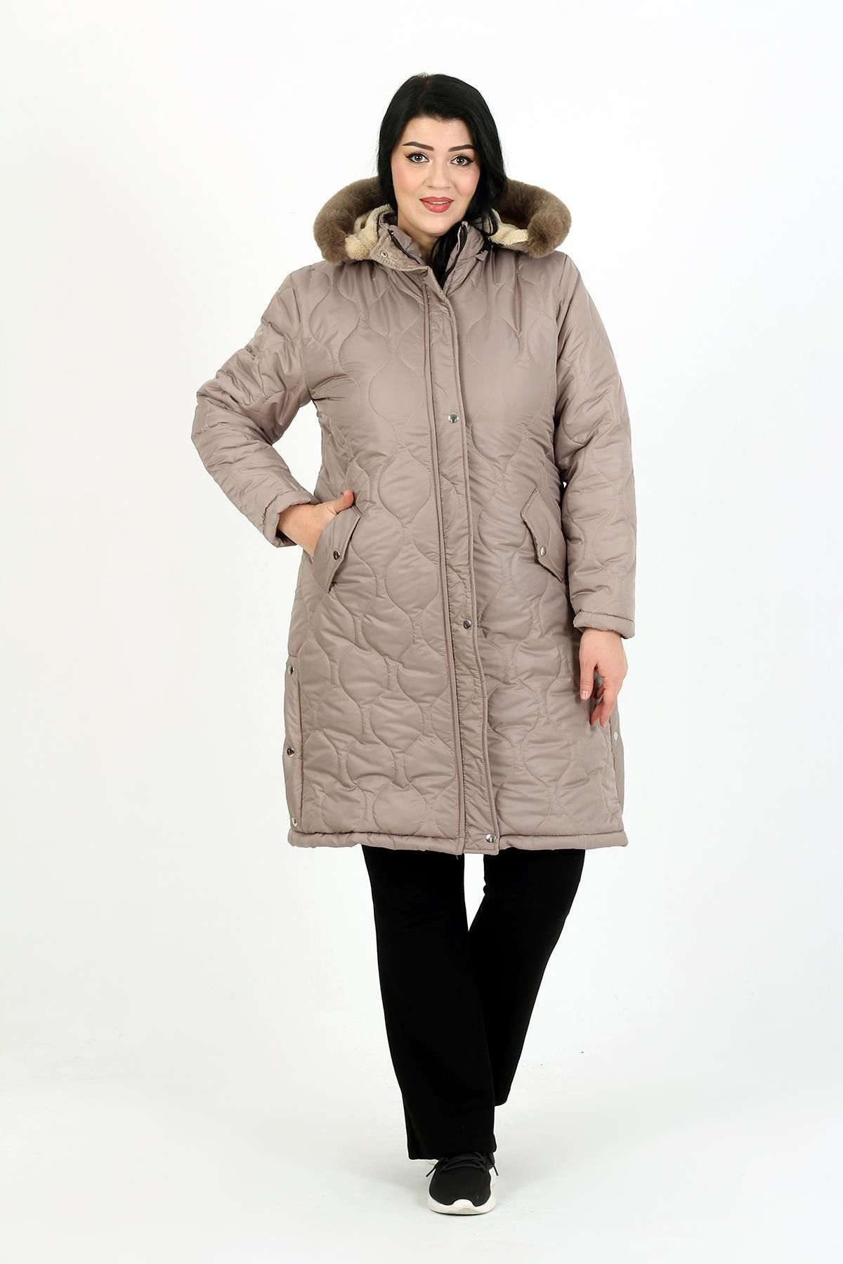 By Alba Collection-Women's Mink Long Woolen Quilted Plus Size Coat 1