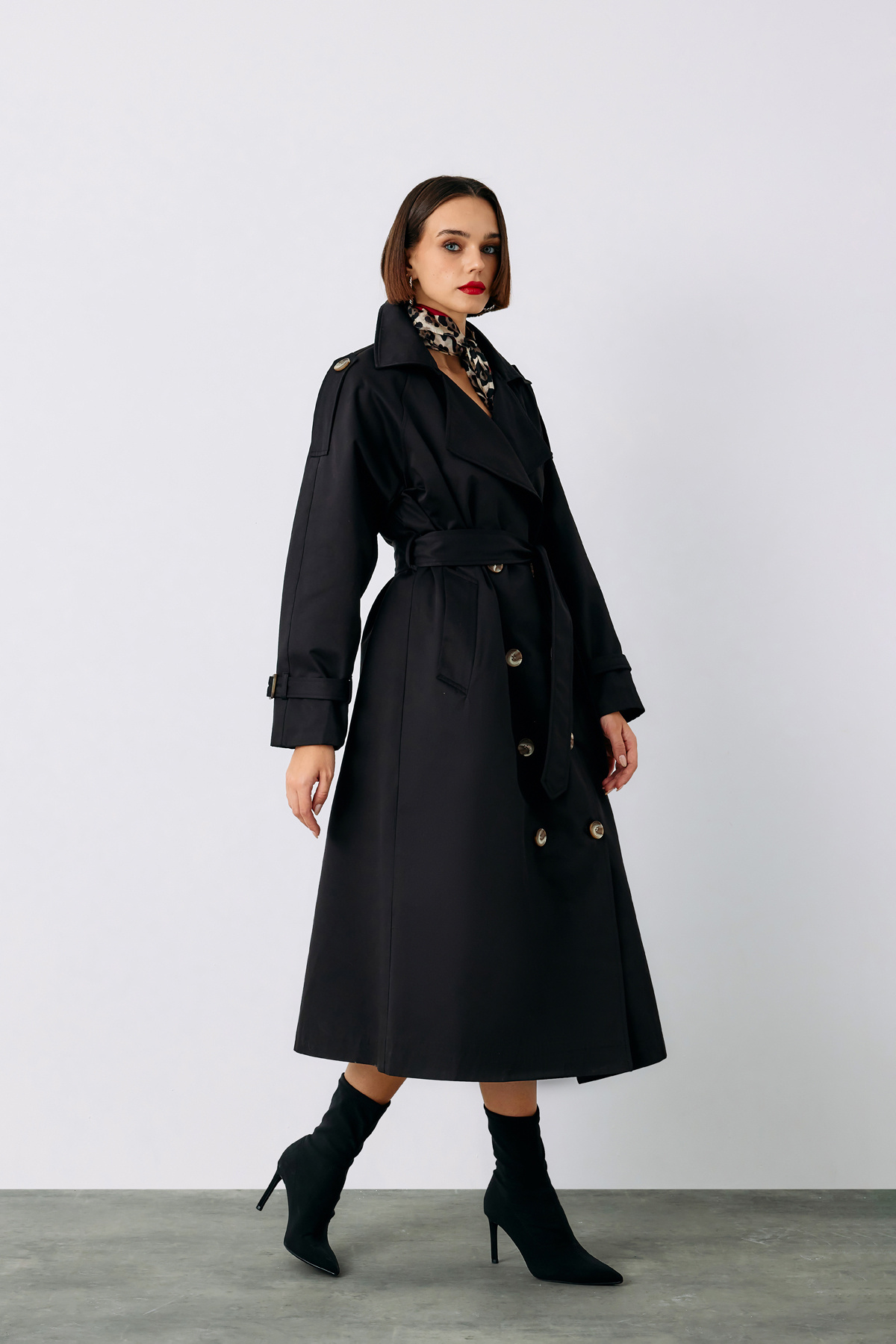 Sateen-Black Long Trench - Belted 5
