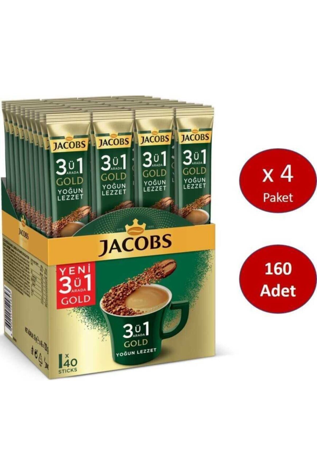 Jacobs 3'ü 1 Arada Gold Yoğun Lezzet Karışım Kahve 160 Adet ( 40'lı Kutu X 4)