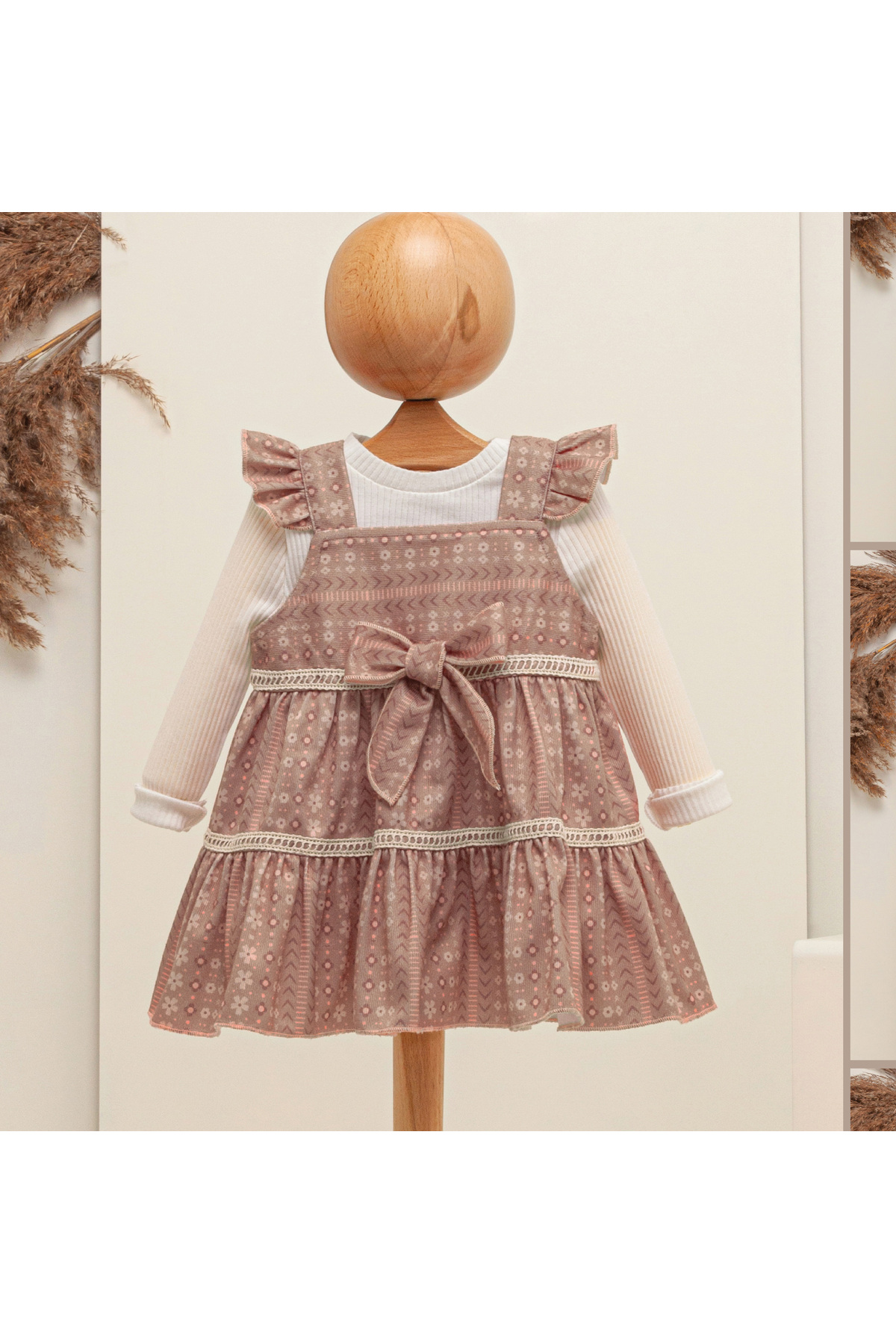 Baby Girl Velvet Gilet / Dress and Waistband Double Set with Ribbed Snap Fastener
