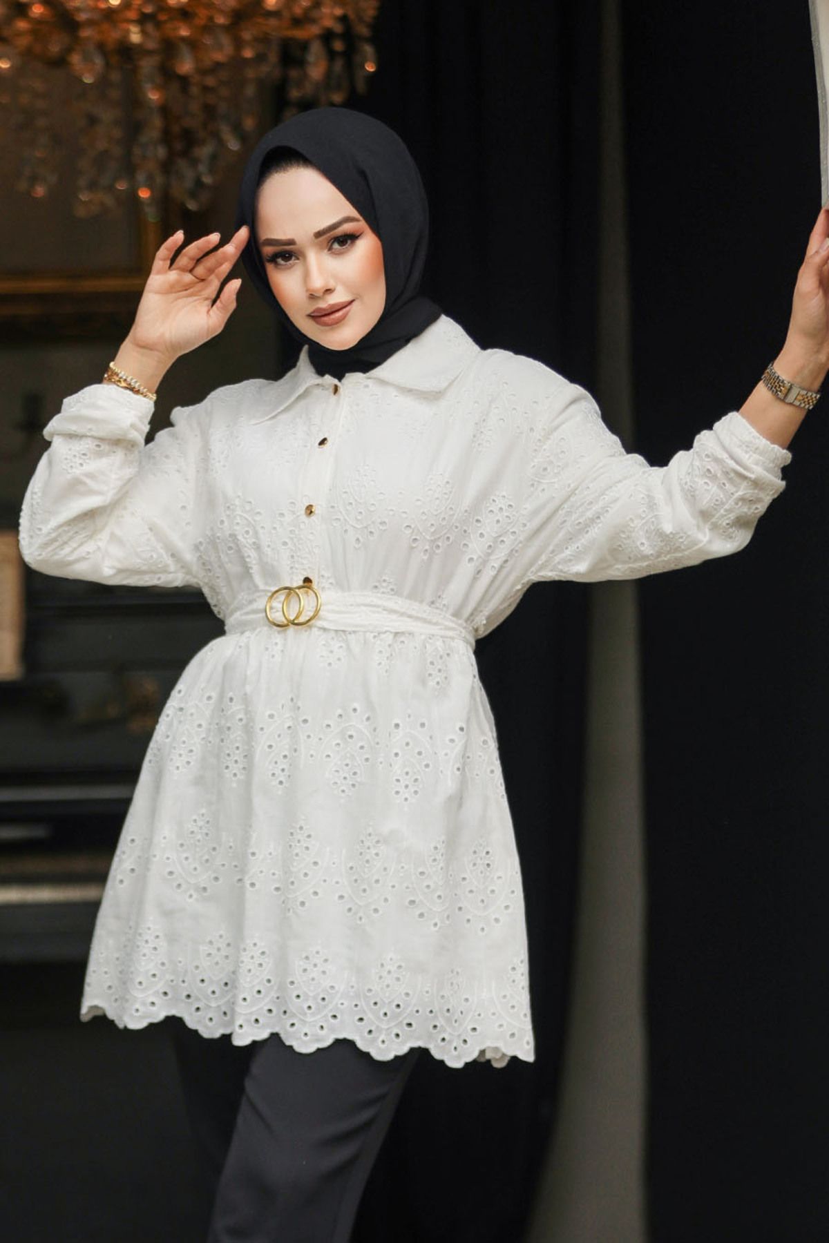 Neva Style-تونيك حجاب أبيض - 14252B 2