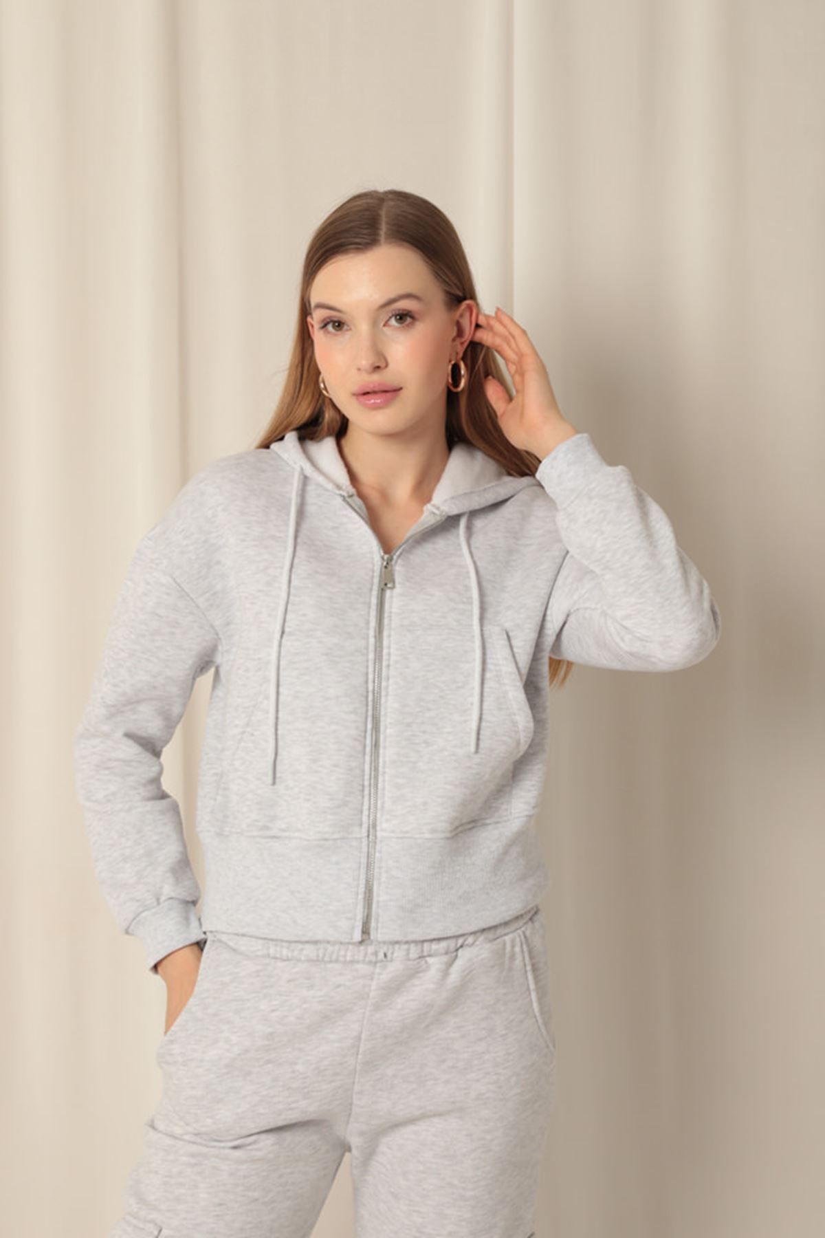 blueb Üç İplik Fermuarlı Kapüşonlu Kısa Açık Gri Sweat