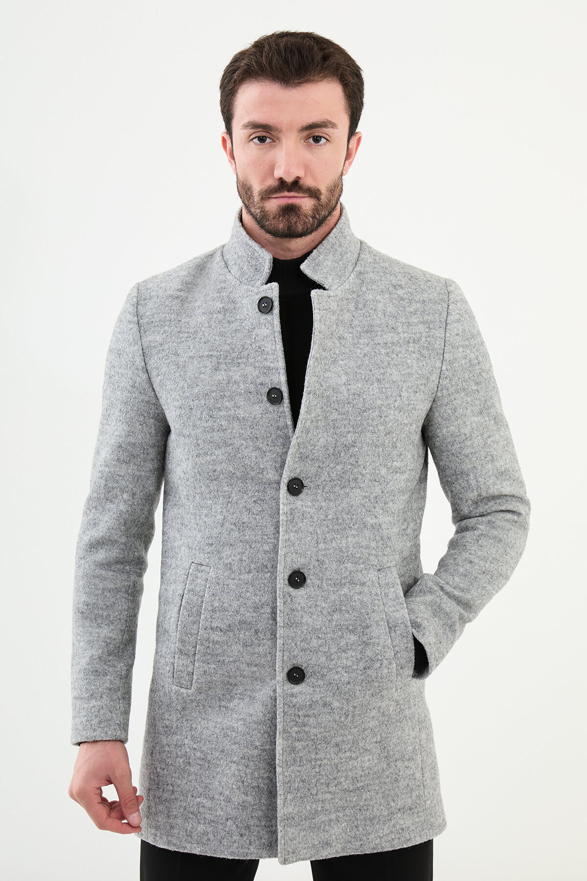  کاپشن کشمیر مردانه یقه قاضی ساده و باریک، خاکستری - 21311.24K