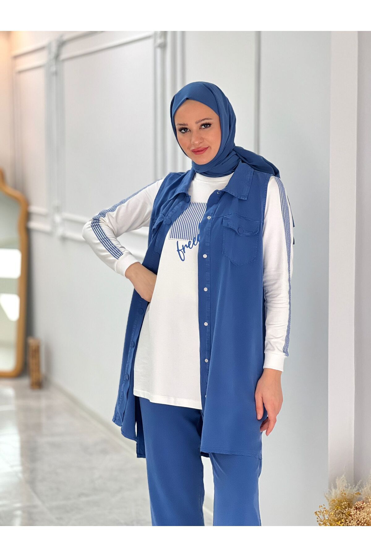 ALLMİRA FASHION-Blue Snap Closure Vest Triple Hijab Suit 10357 4