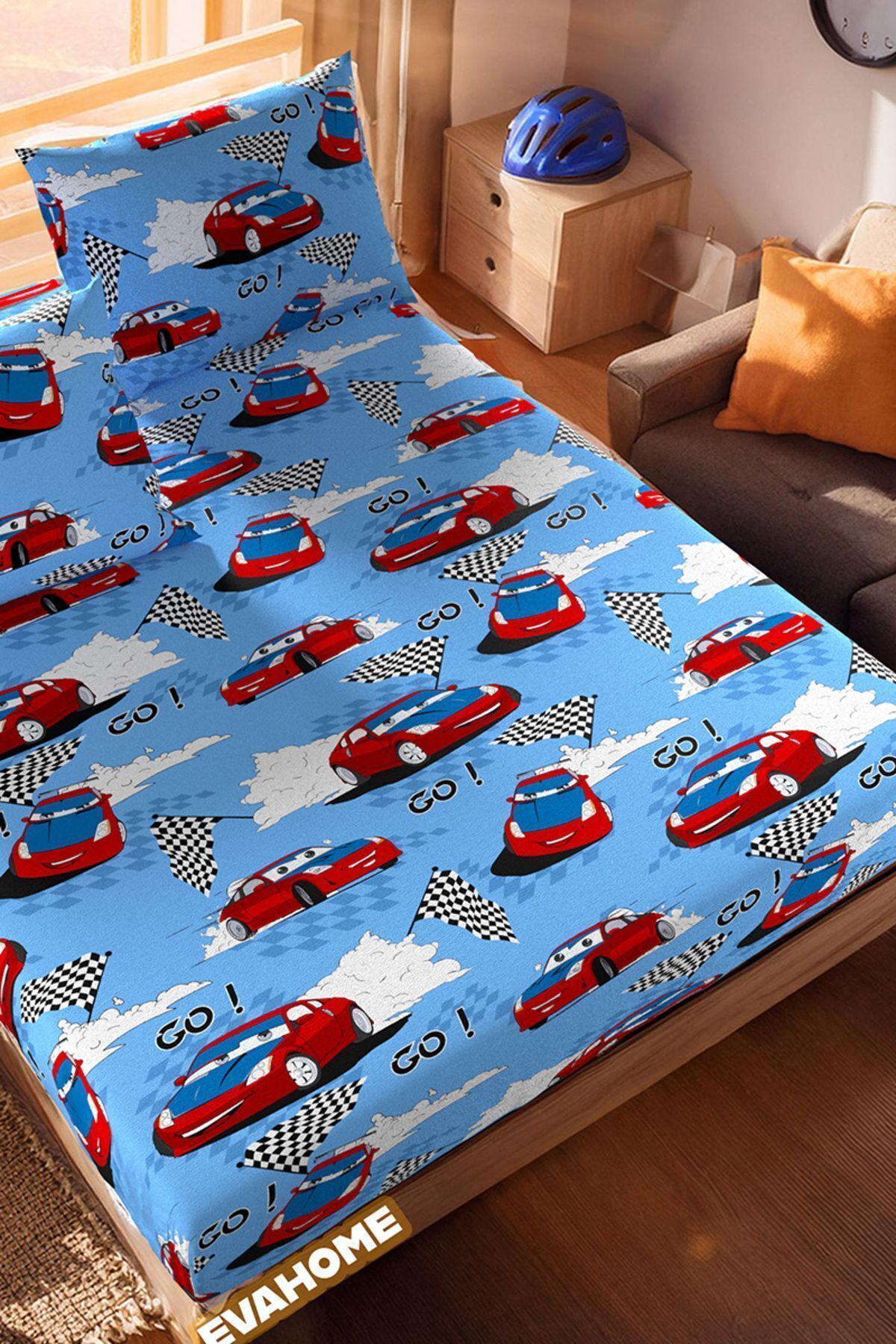 Lorien-Car Patterned Ranforce Fabric Single Elastic Sheet Set (1 Piece Pillow Case) 4