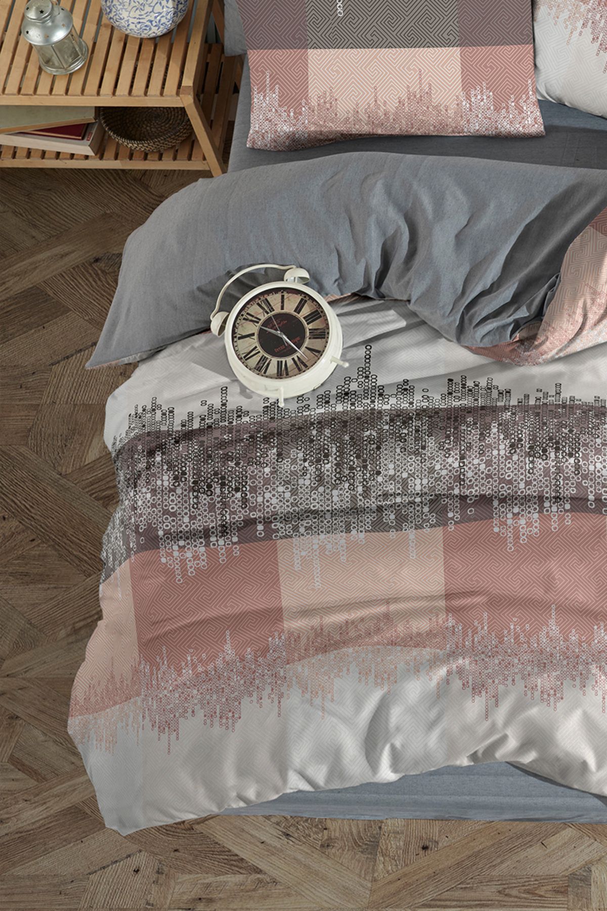 Lorien-Ruby Patterned Single Duvet Cover Set with Elastic Sheets and Double Sided Use 6