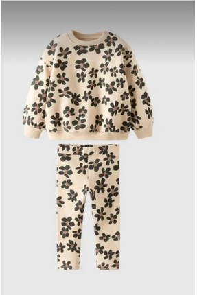 Kindo Kız çocuk çiçek desenli 3 iplik pamuklu sweatshirt tayt alt üst takım