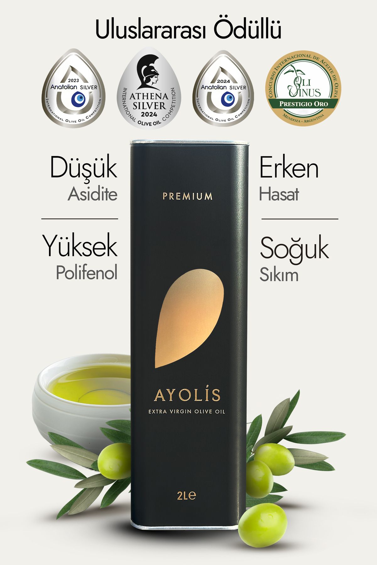 Ayolis Premium Gurme Ayvalık 2 Lt Yüksek Polifenollü Erken Hasat Soğuk Sıkım Natürel Sızma Zeytinyağı