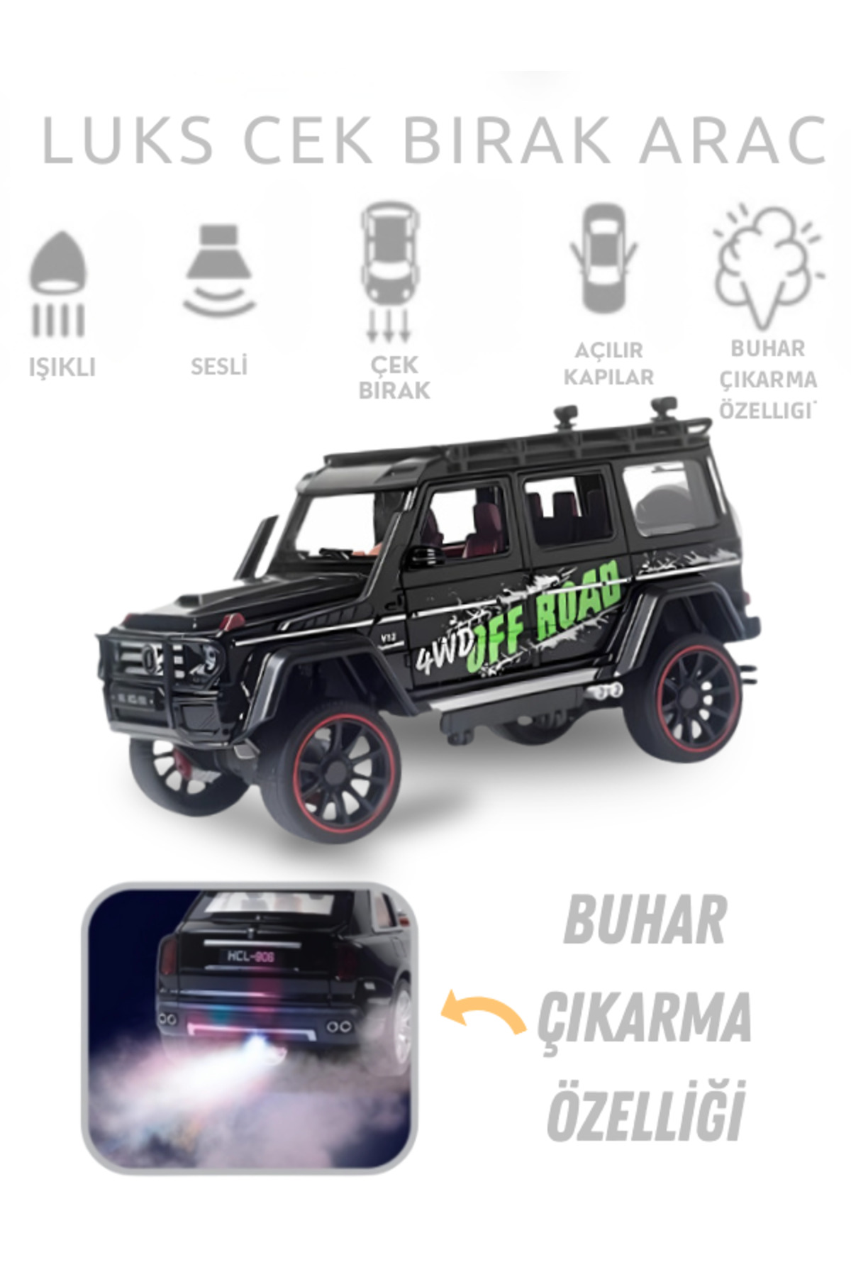 Çek-Bırak Lüks Jeep, Buhar Çıkaran, Sesli, Işıklı - Açılır Kapı ve Bagajlı, Oyuncak Araç