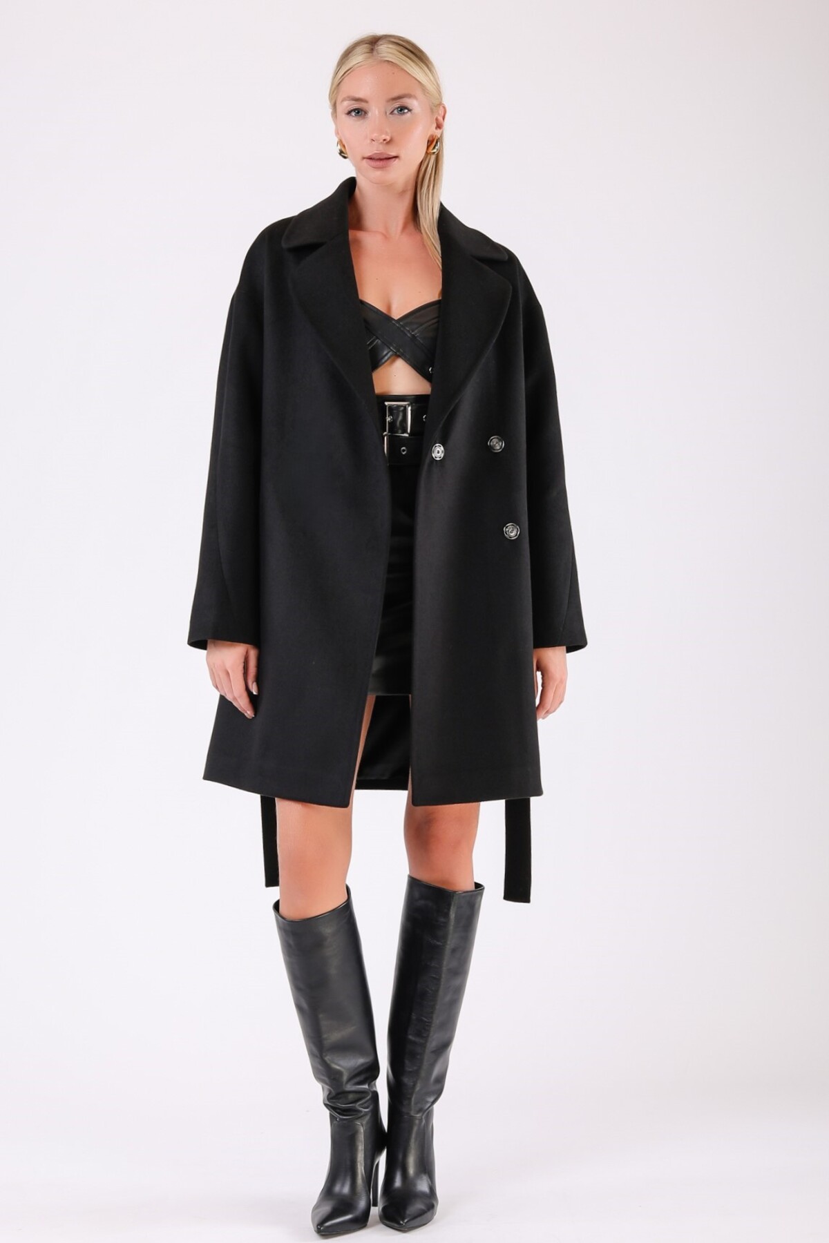 Leather Club Siyah Oversize Kaşmir Kaban görsel 3