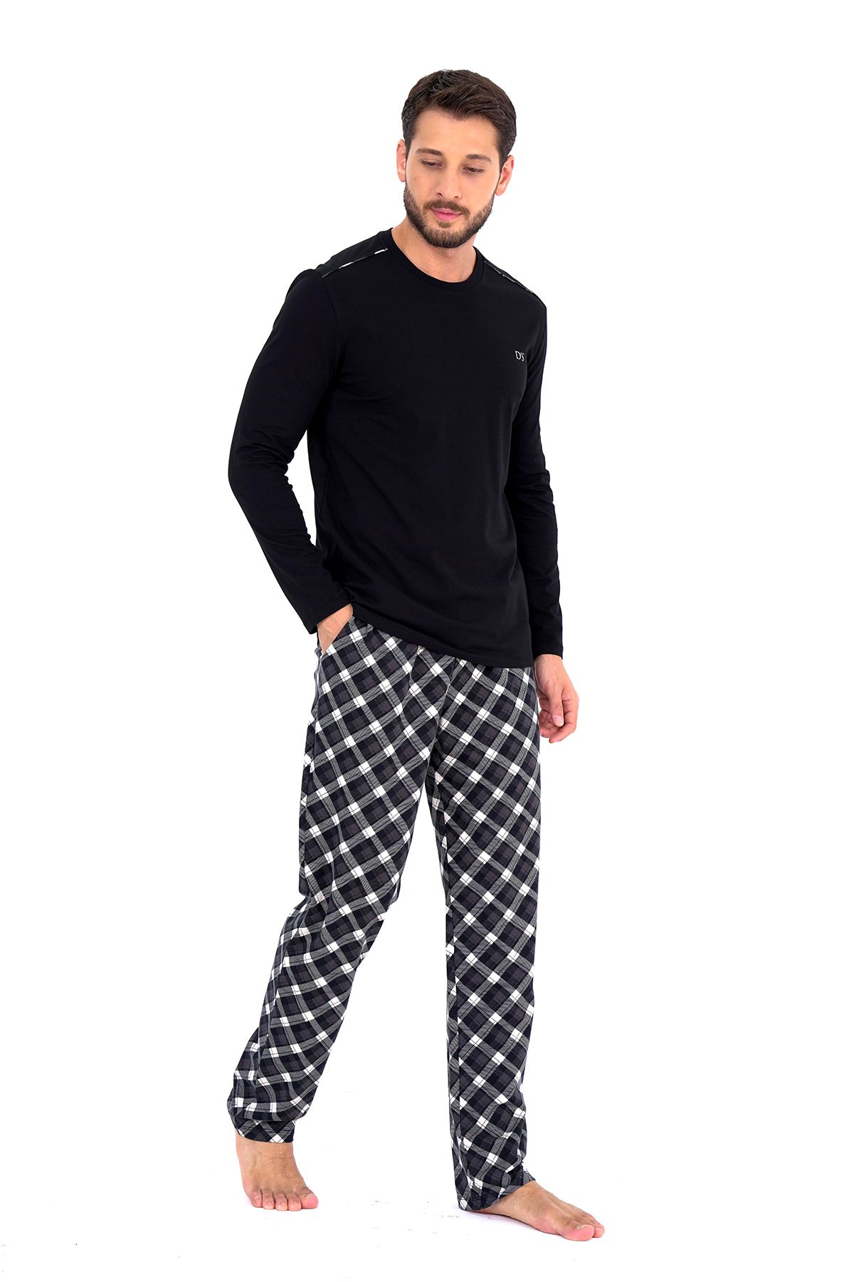 Damat-Set de pijamale negre cu modele în carouri de mire 2